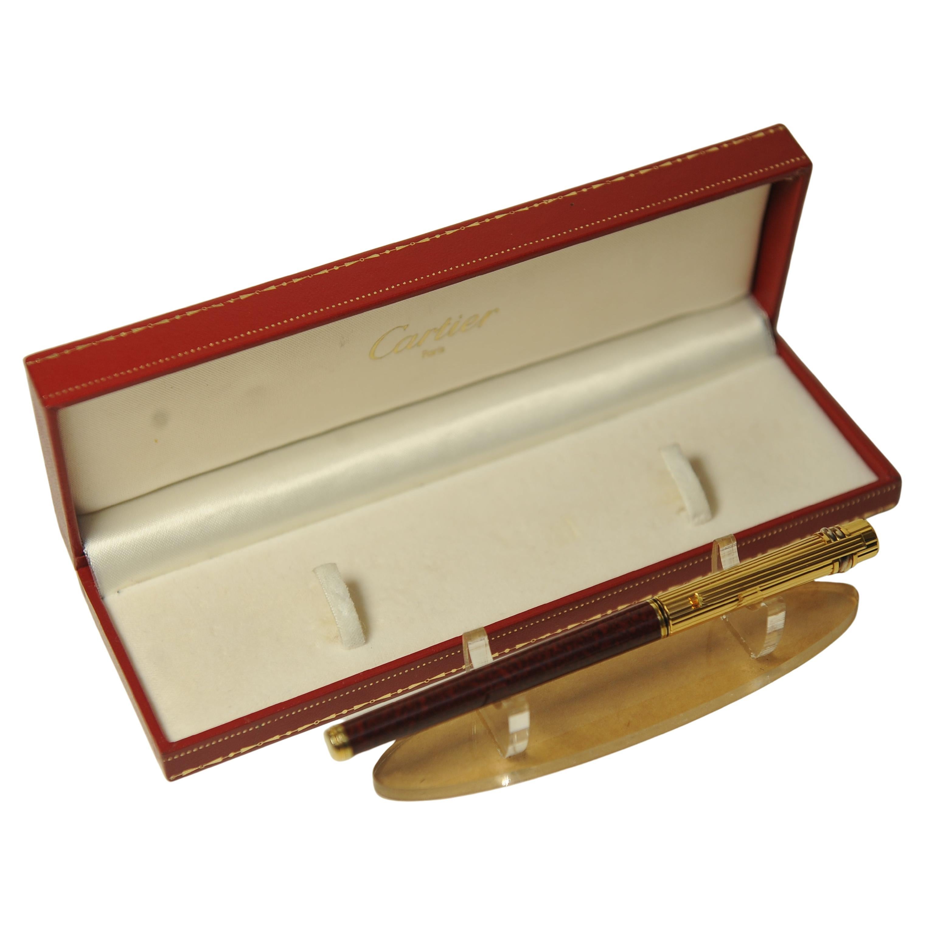 Gold Plate Cartier 18ct Gold Nib Burgundy Lacquer Trinity Rollerball Writing Pen For Sale