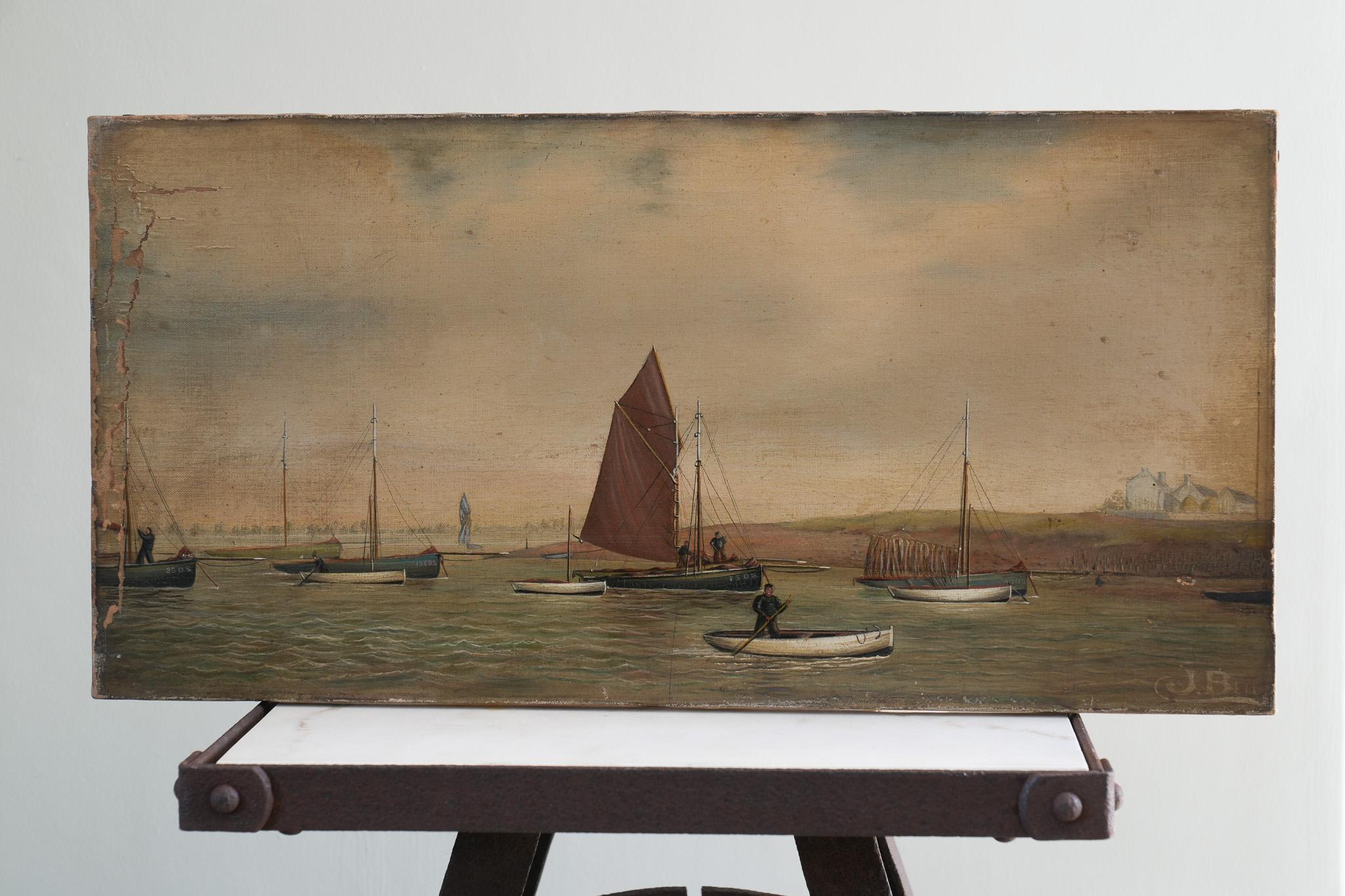 A Naive 19th Century Oil of Moored Fishing Boats For Sale 5