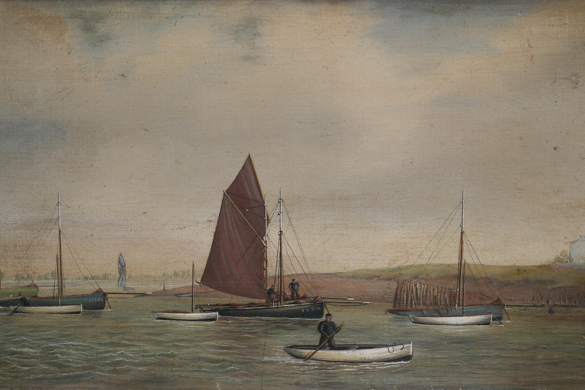 A Naive 19th Century Oil of Moored Fishing Boats For Sale 6