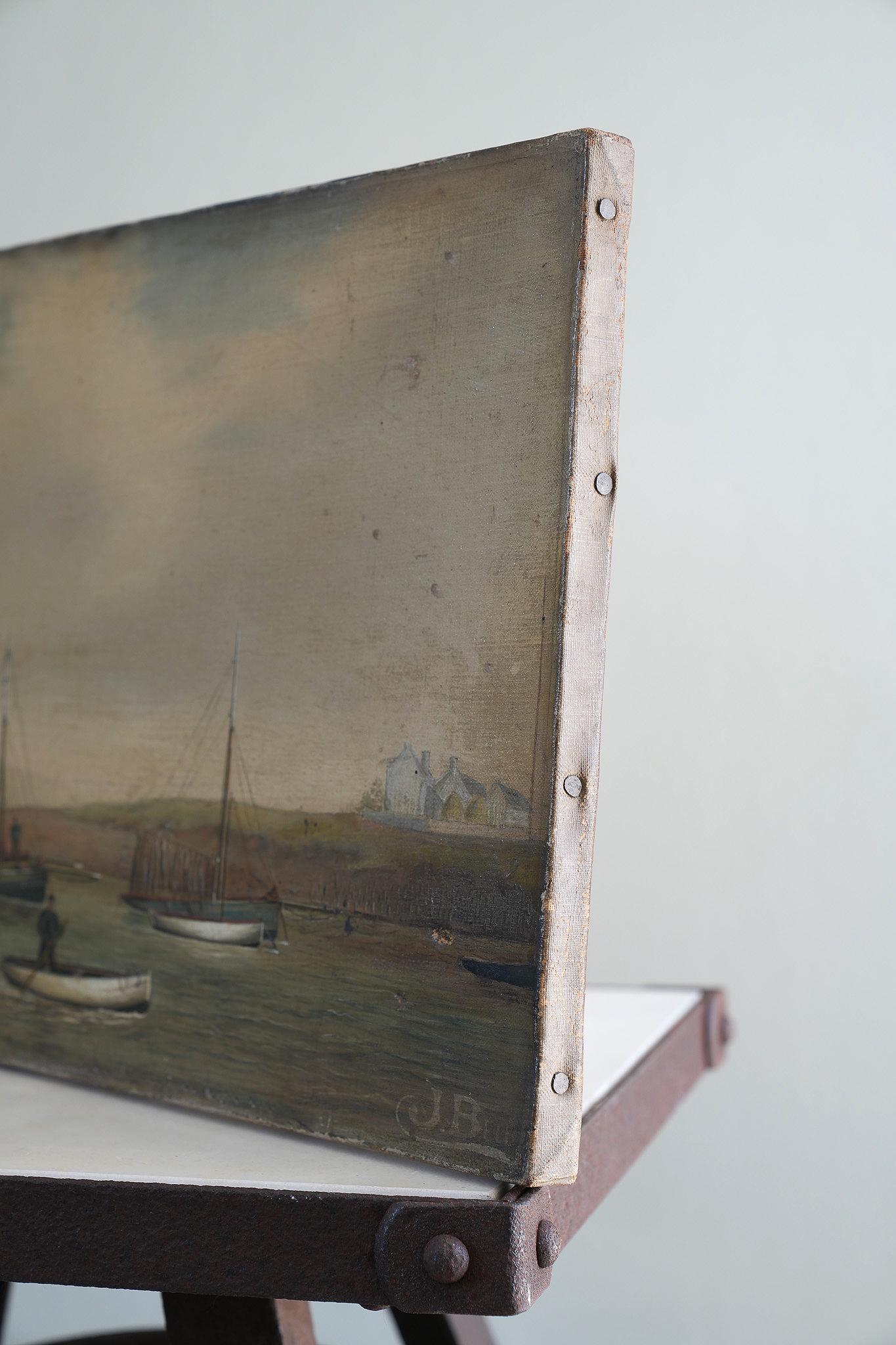 A Naive 19th Century Oil of Moored Fishing Boats For Sale 8