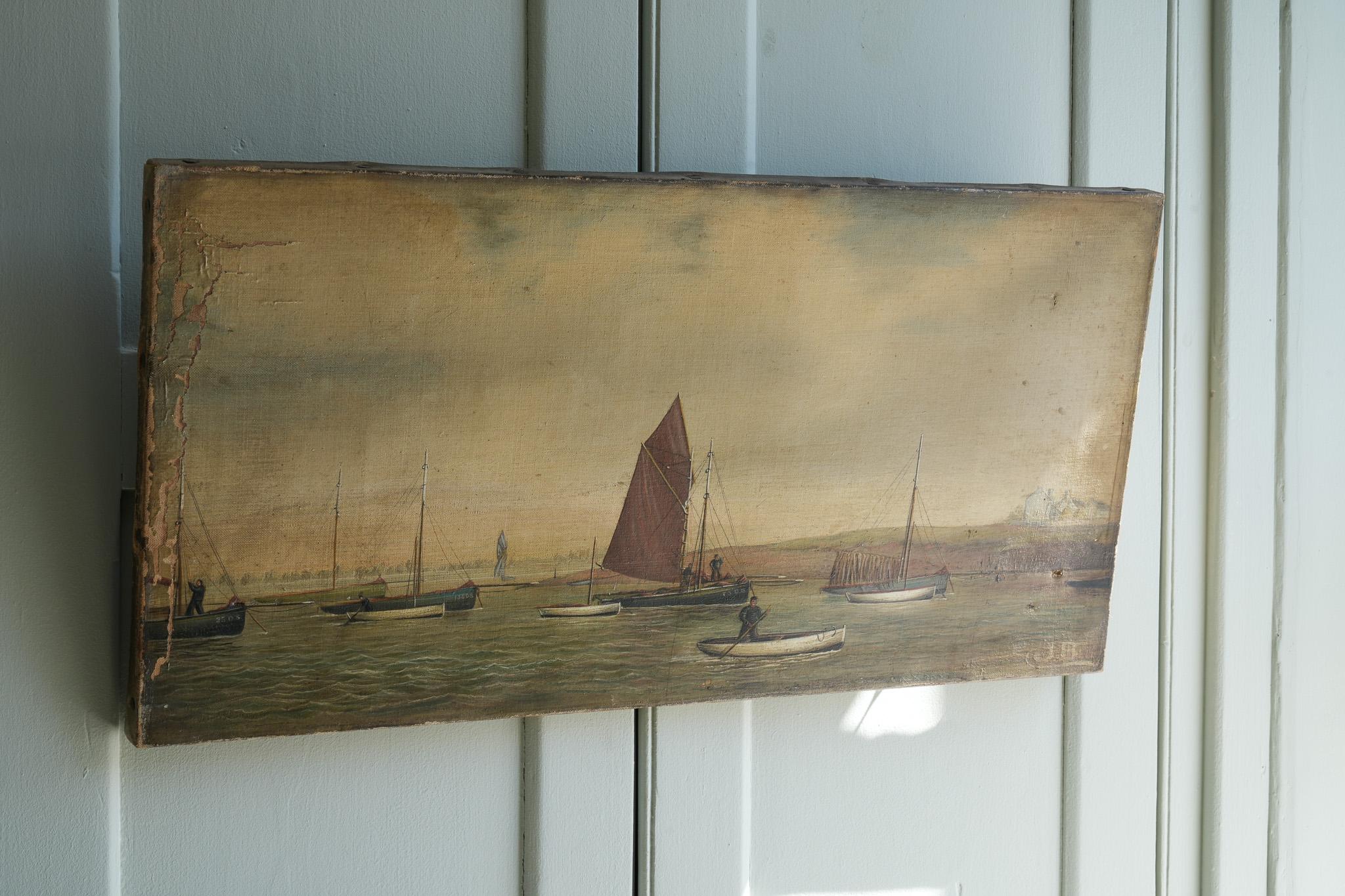 English A Naive 19th Century Oil of Moored Fishing Boats For Sale