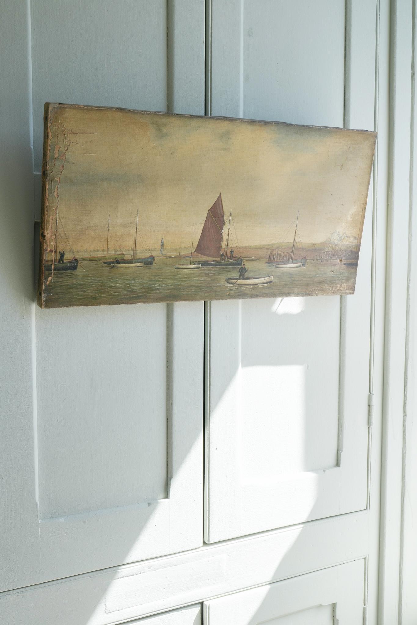 A Naive 19th Century Oil of Moored Fishing Boats In Good Condition For Sale In Conwy, GB