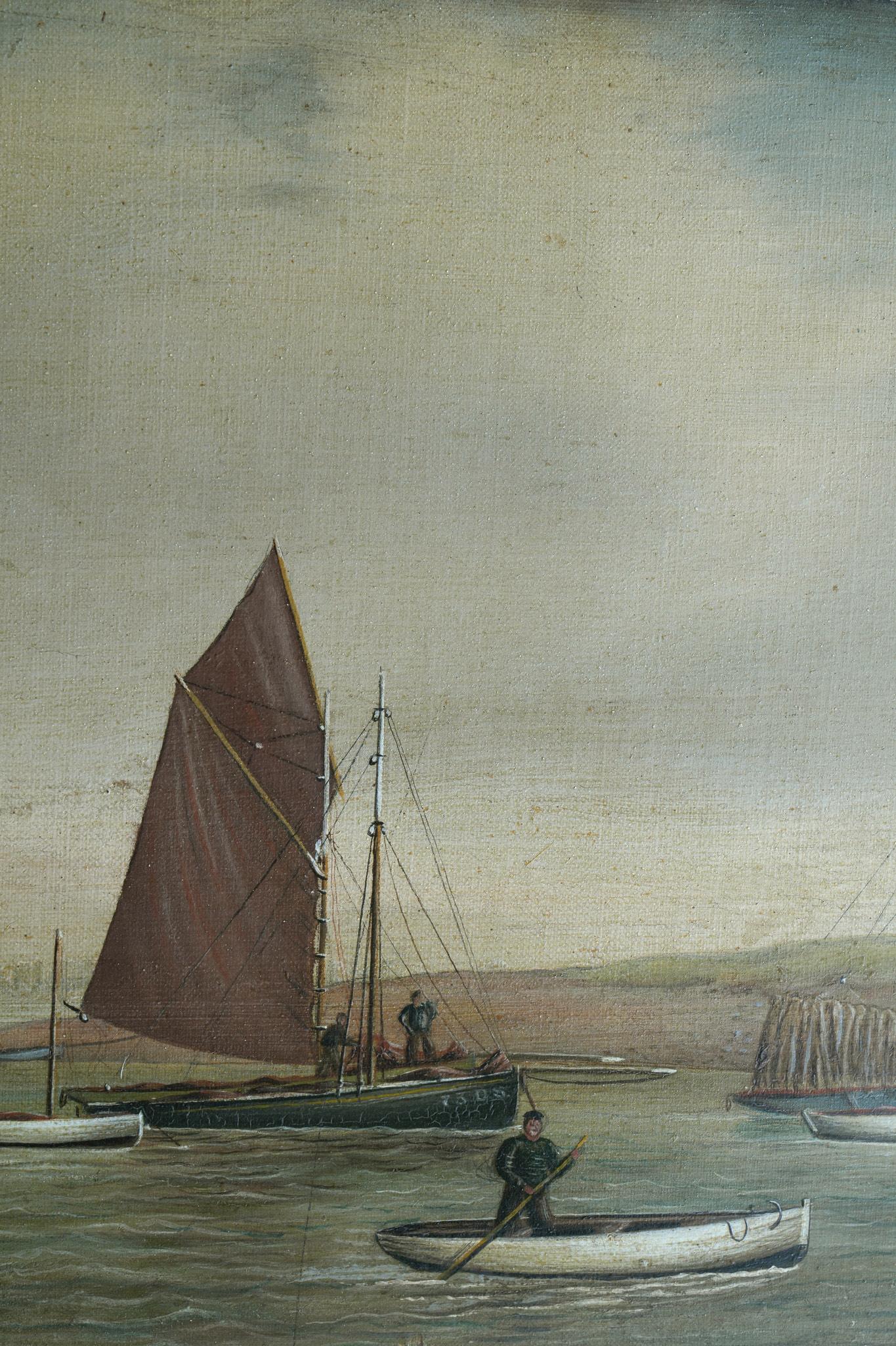 Canvas A Naive 19th Century Oil of Moored Fishing Boats For Sale