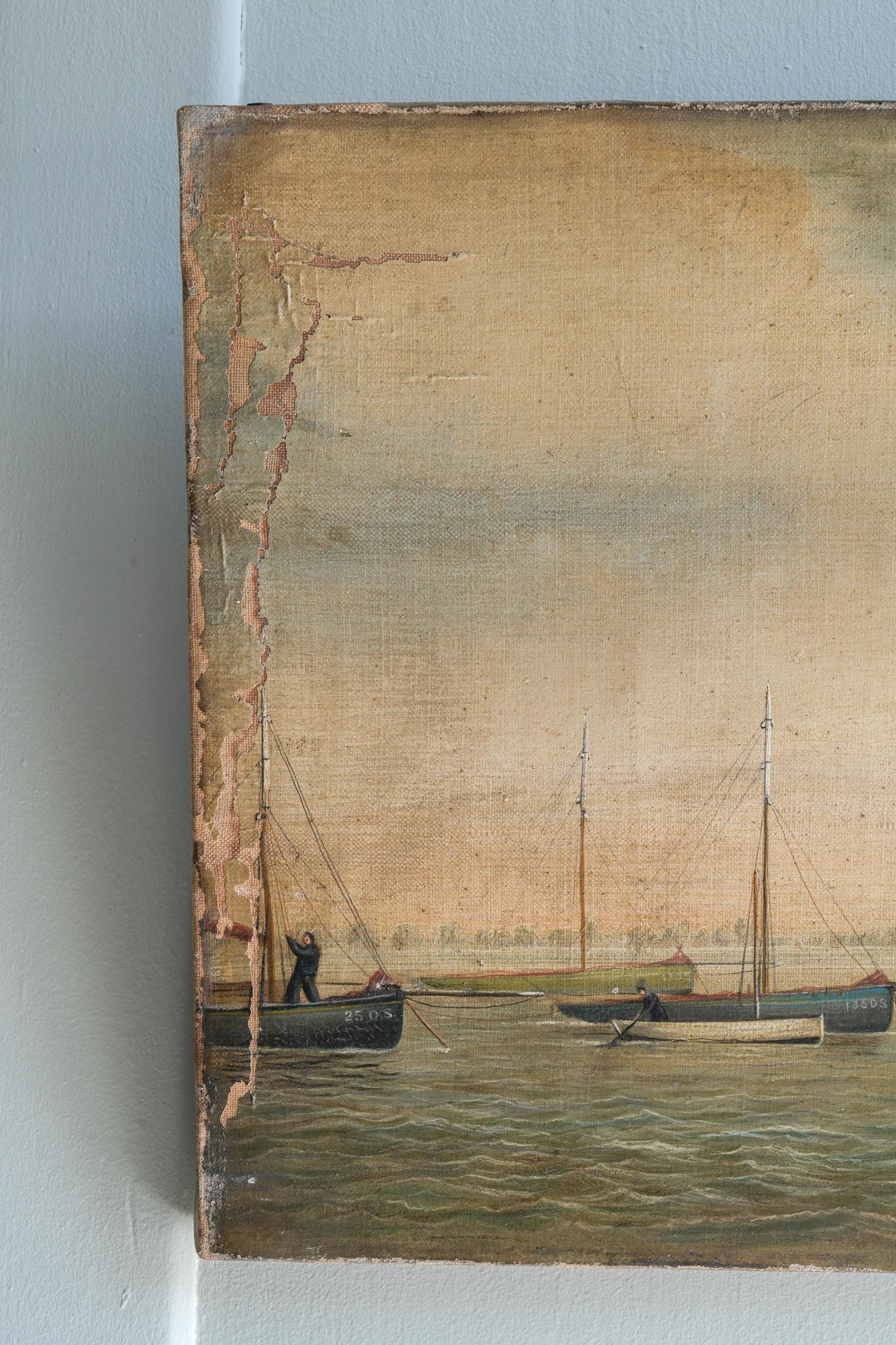 A Naive 19th Century Oil of Moored Fishing Boats For Sale 1