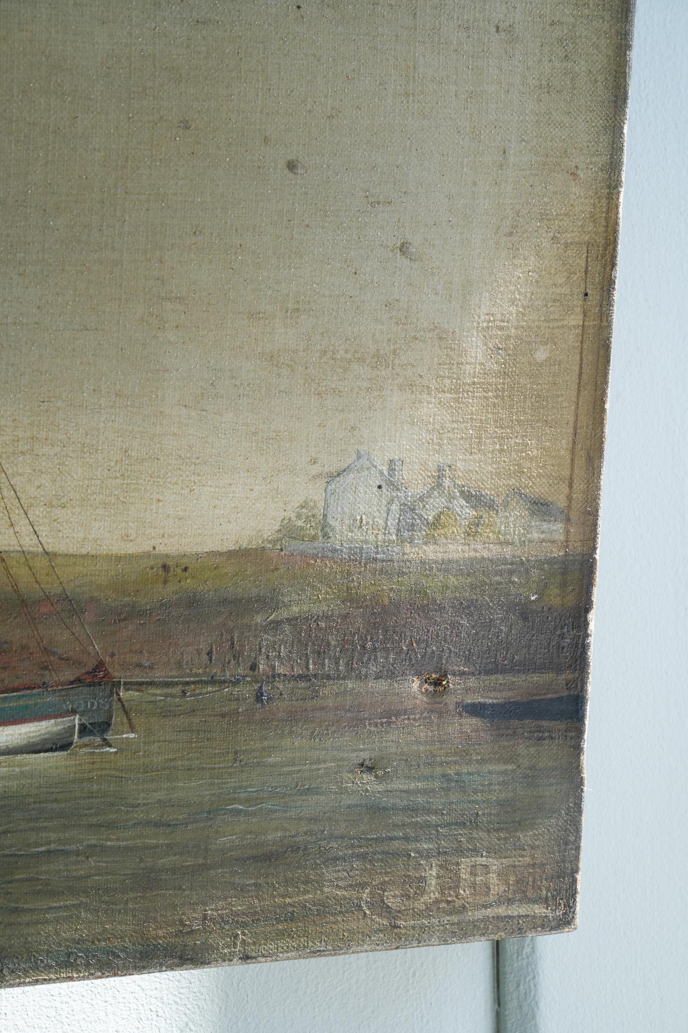 A Naive 19th Century Oil of Moored Fishing Boats For Sale 2