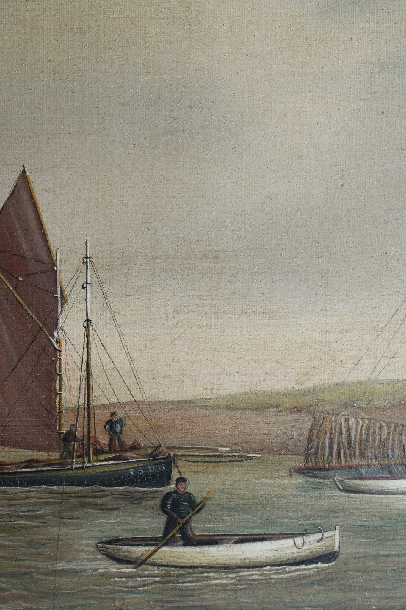 A Naive 19th Century Oil of Moored Fishing Boats For Sale 3