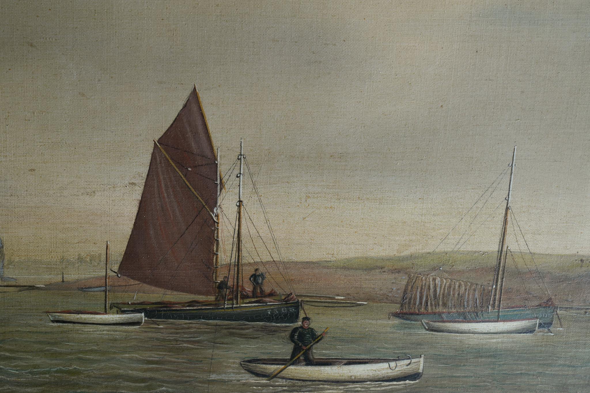 A Naive 19th Century Oil of Moored Fishing Boats For Sale 4
