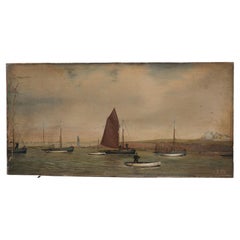 Ein naives Ölgemälde von Moored-Fischbooten aus dem 19. Jahrhundert