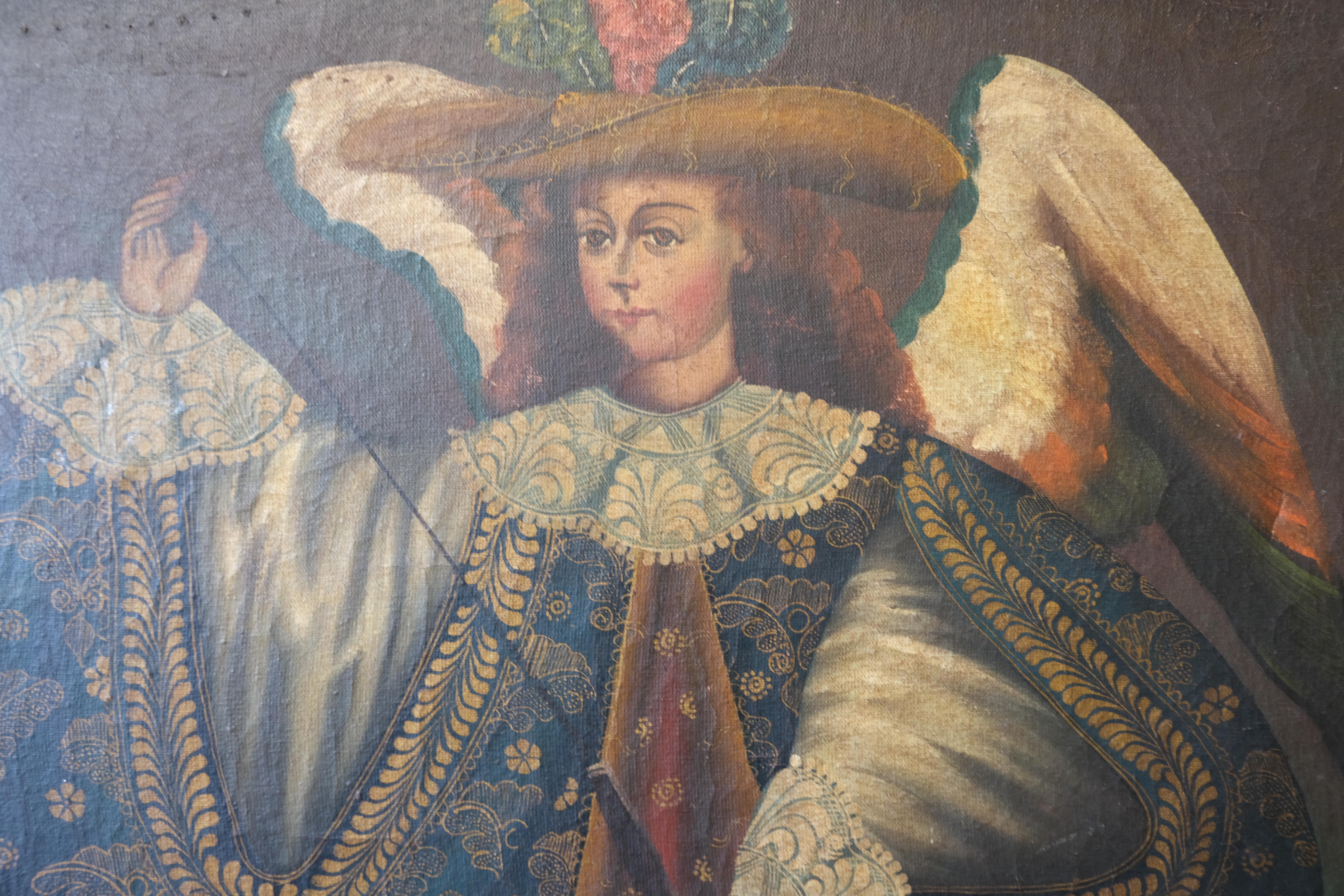 Hutton-Clarke Antiques is pleased to Present a unique 20th-century oil painting, this piece is a remarkable blend of the naive art style with distinct Latin American influences. The central figure, depicted with an air of nobility and an intriguing