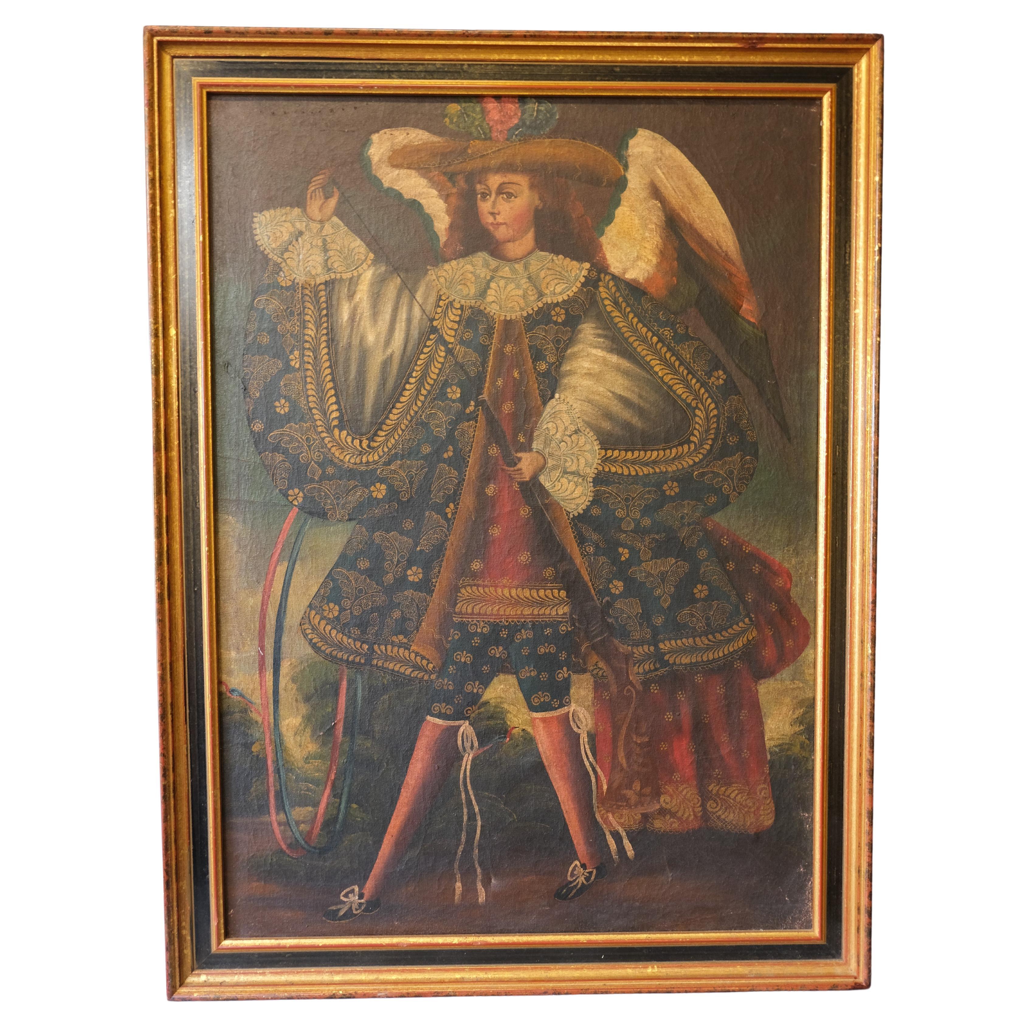 A naive oil painting of a winged lady with rifle