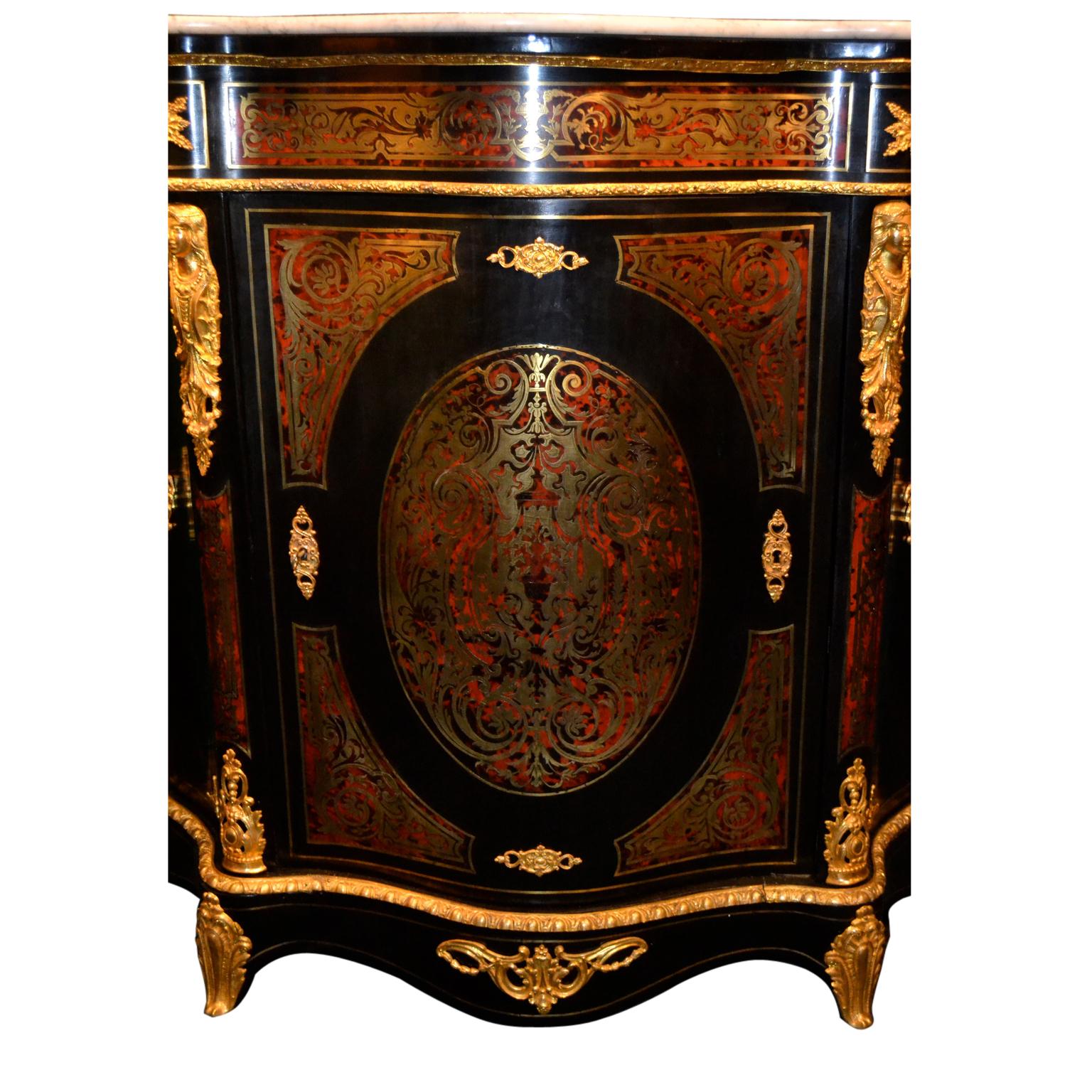 French Napoleon III Serpentine Form Boulle, Gilt Bronze and Ebonized Wood Cabinet