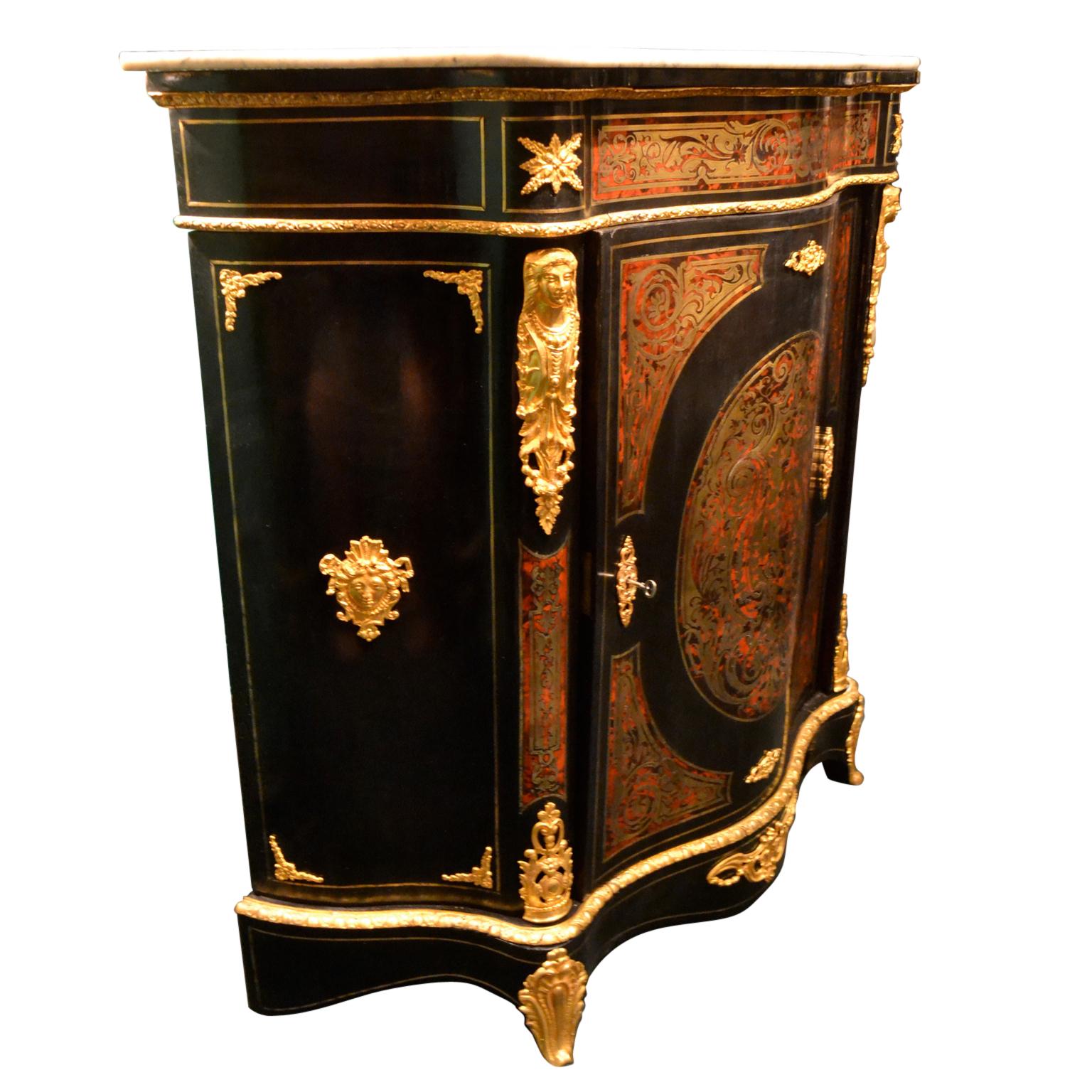 Brass Napoleon III Serpentine Form Boulle, Gilt Bronze and Ebonized Wood Cabinet