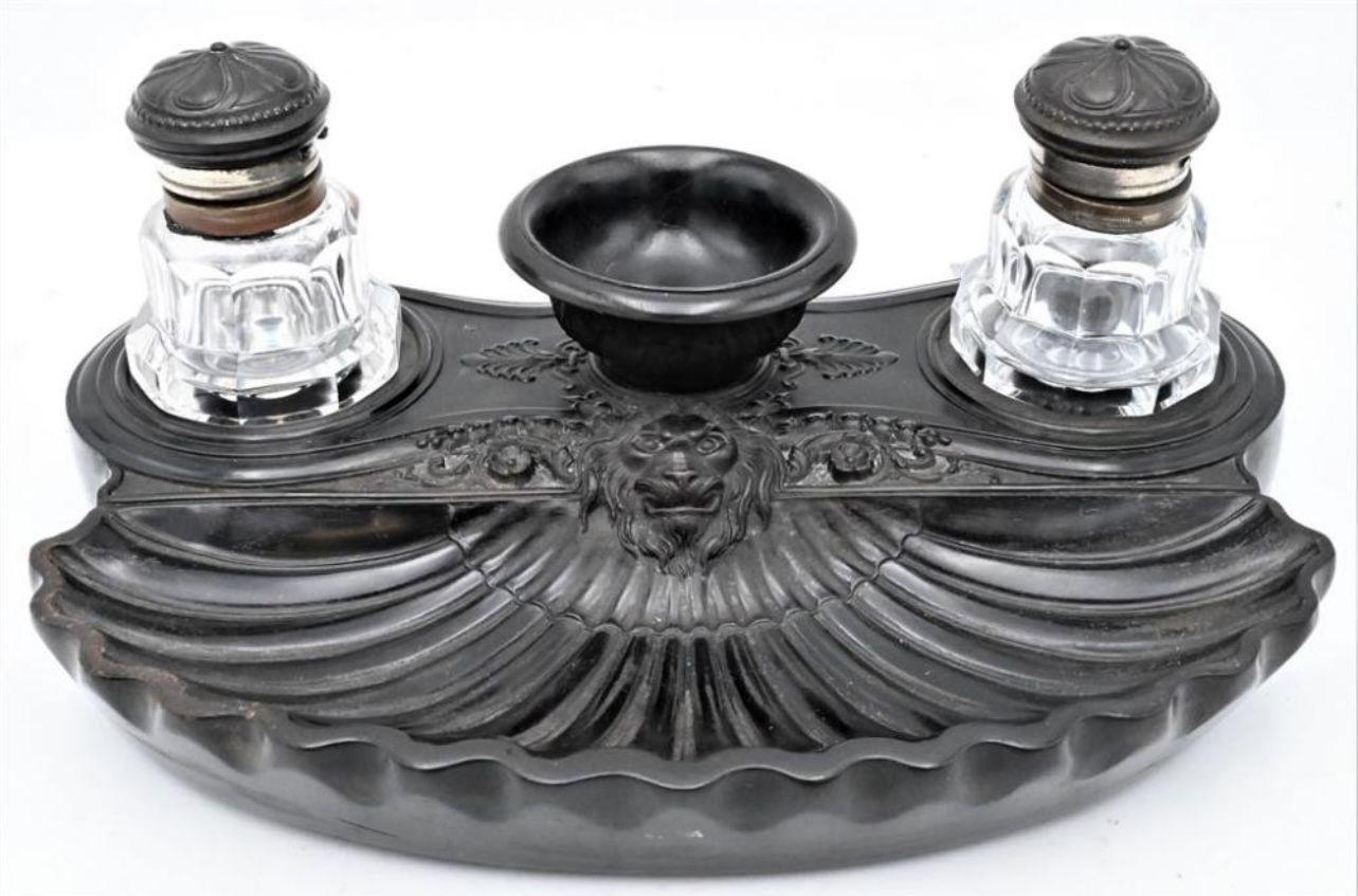 Molded Napoleon III Black Gutta Percha Inkstand, Late 19th Century For Sale
