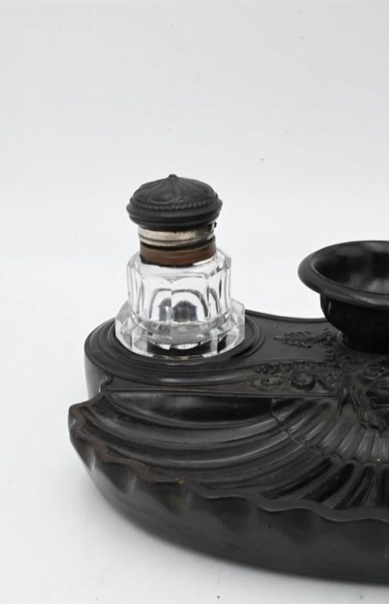 Napoleon III Black Gutta Percha Inkstand, Late 19th Century In Good Condition For Sale In Spencertown, NY