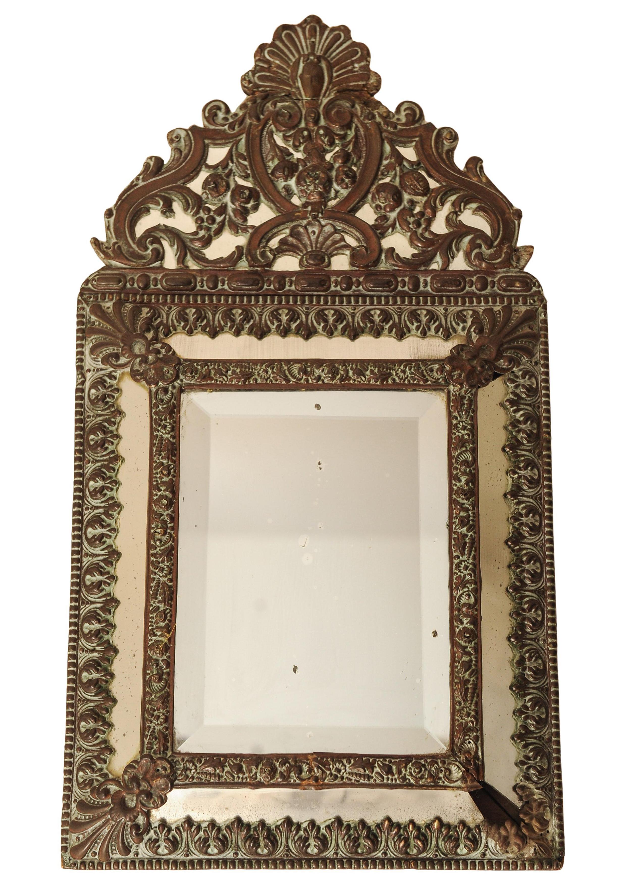 A Napoleon III Decorative Wall Mirror With Floral and Scroll Motifs With Original Patinated Bevelled Mirror Glass 

Central mirror height is 27cm 

This is a beautiful example of a 19th Century Decorative Mirror, steeped in craftsmanship and