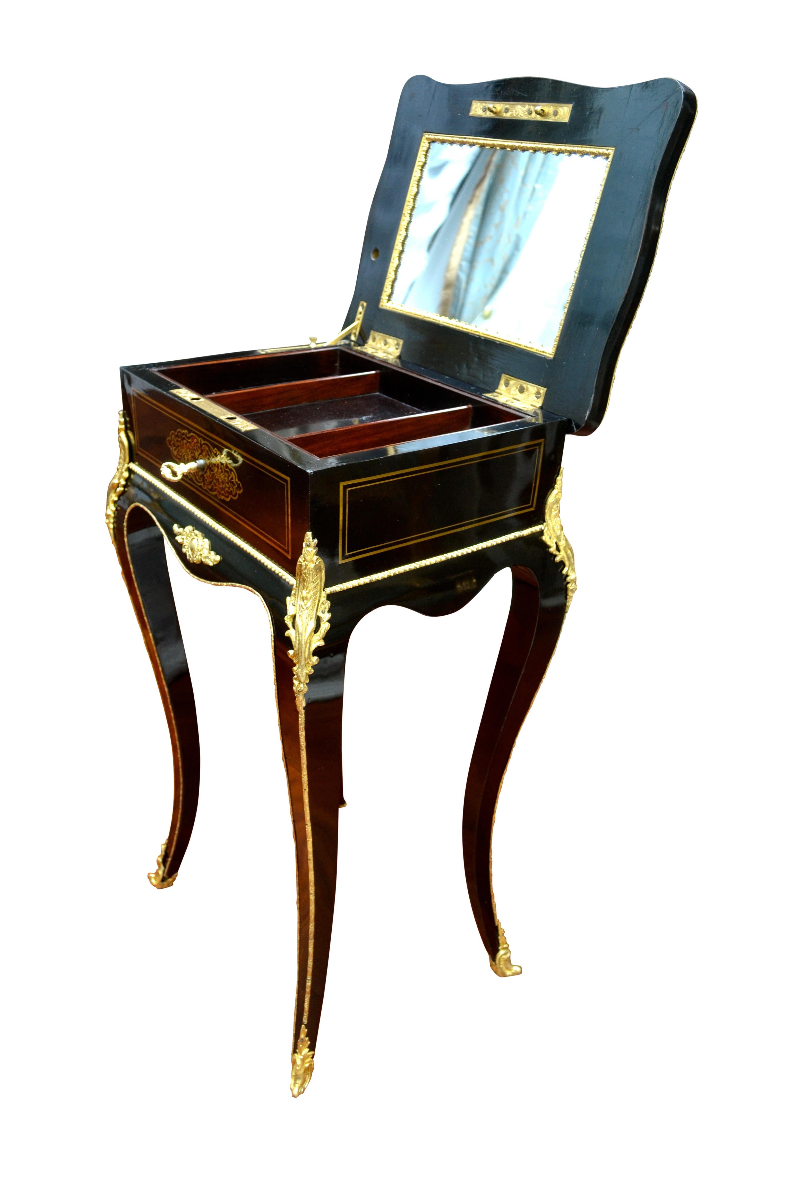 Gilt Napoleon III Ebonized Wood, Brass Inlay and Ormolu Jewelry Table by Tahan