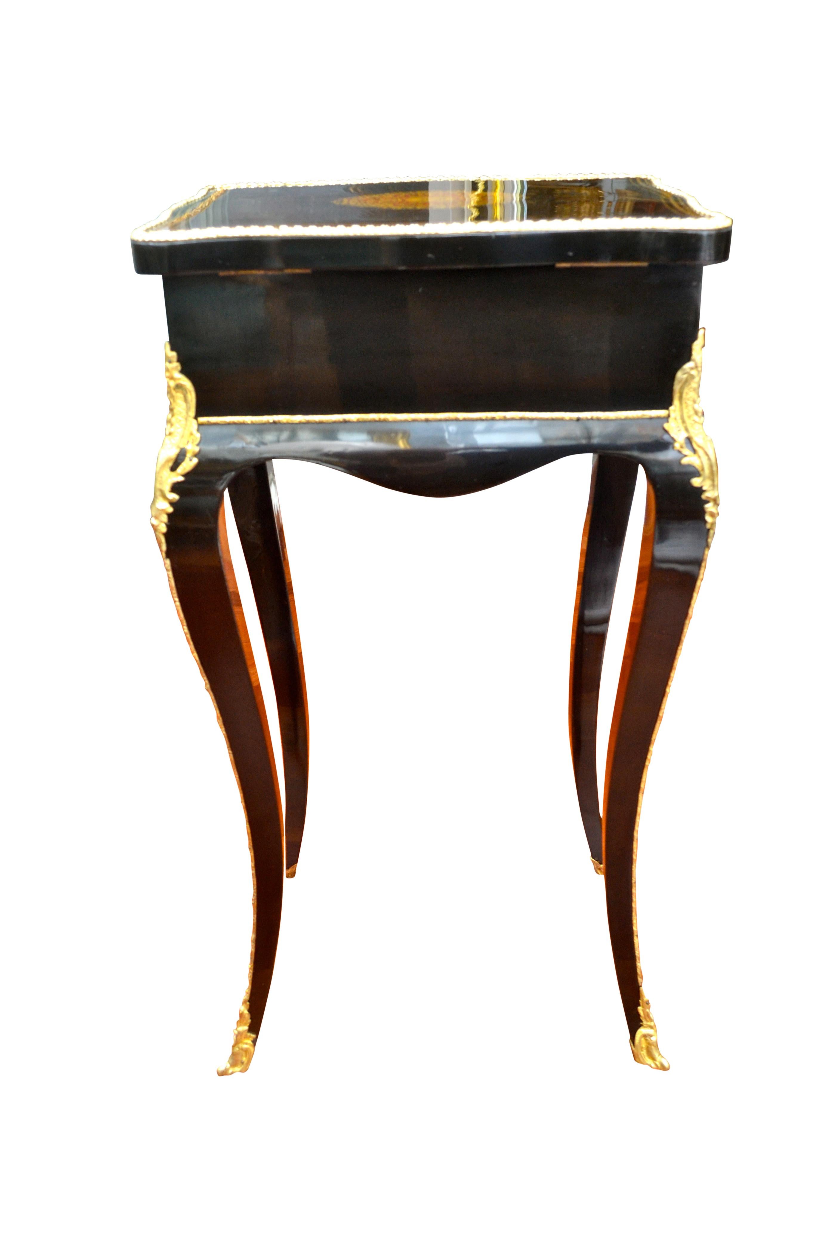 Glass Napoleon III Ebonized Wood, Brass Inlay and Ormolu Jewelry Table by Tahan