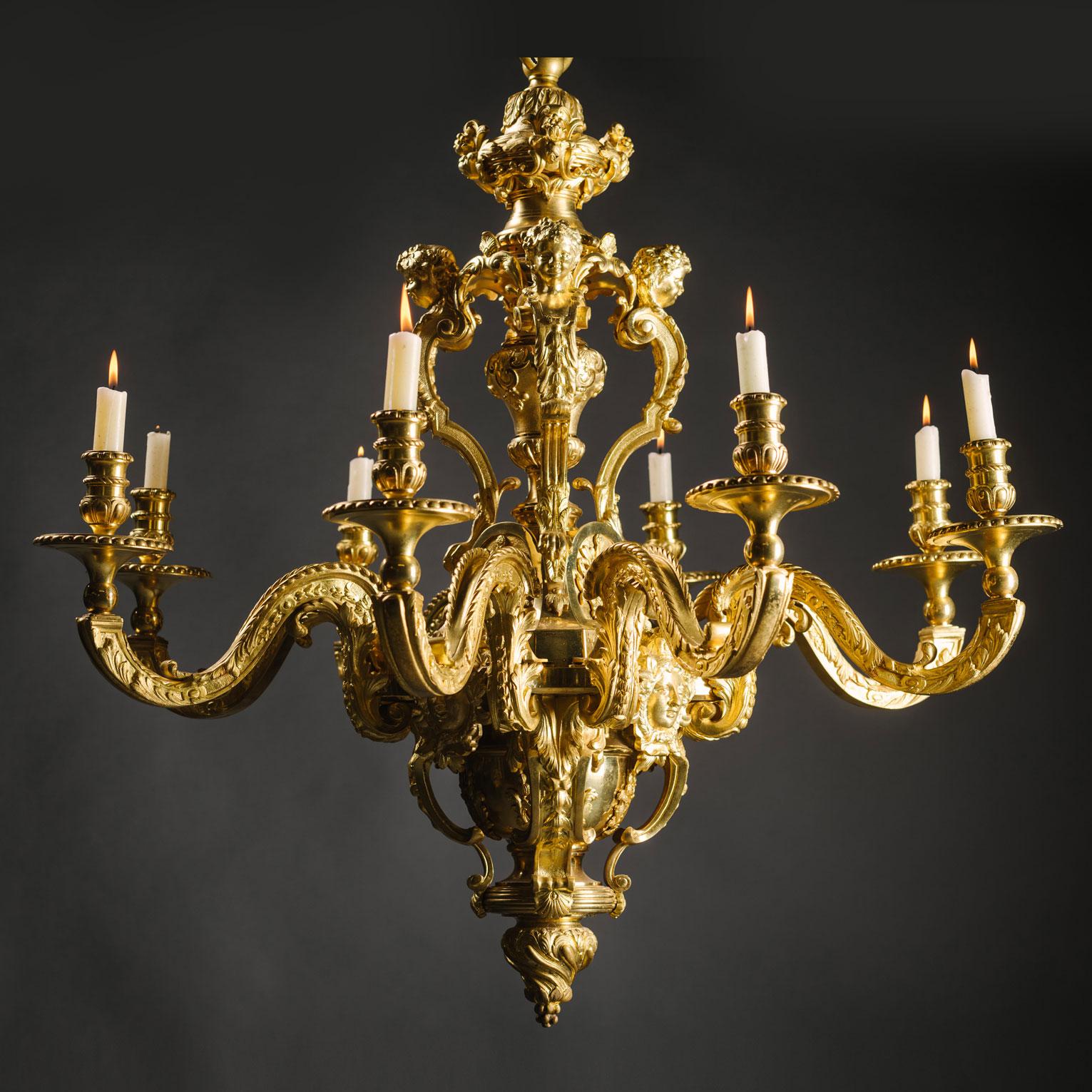 A fine Napoleon III ormolu eight-light chandelier, after the Model by André-Charles Boulle.

This well-cast Louis XIV style chandelier is after an important model attributed to Andre-Charles Boulle, in the collection of the Musee du Louvre (OA