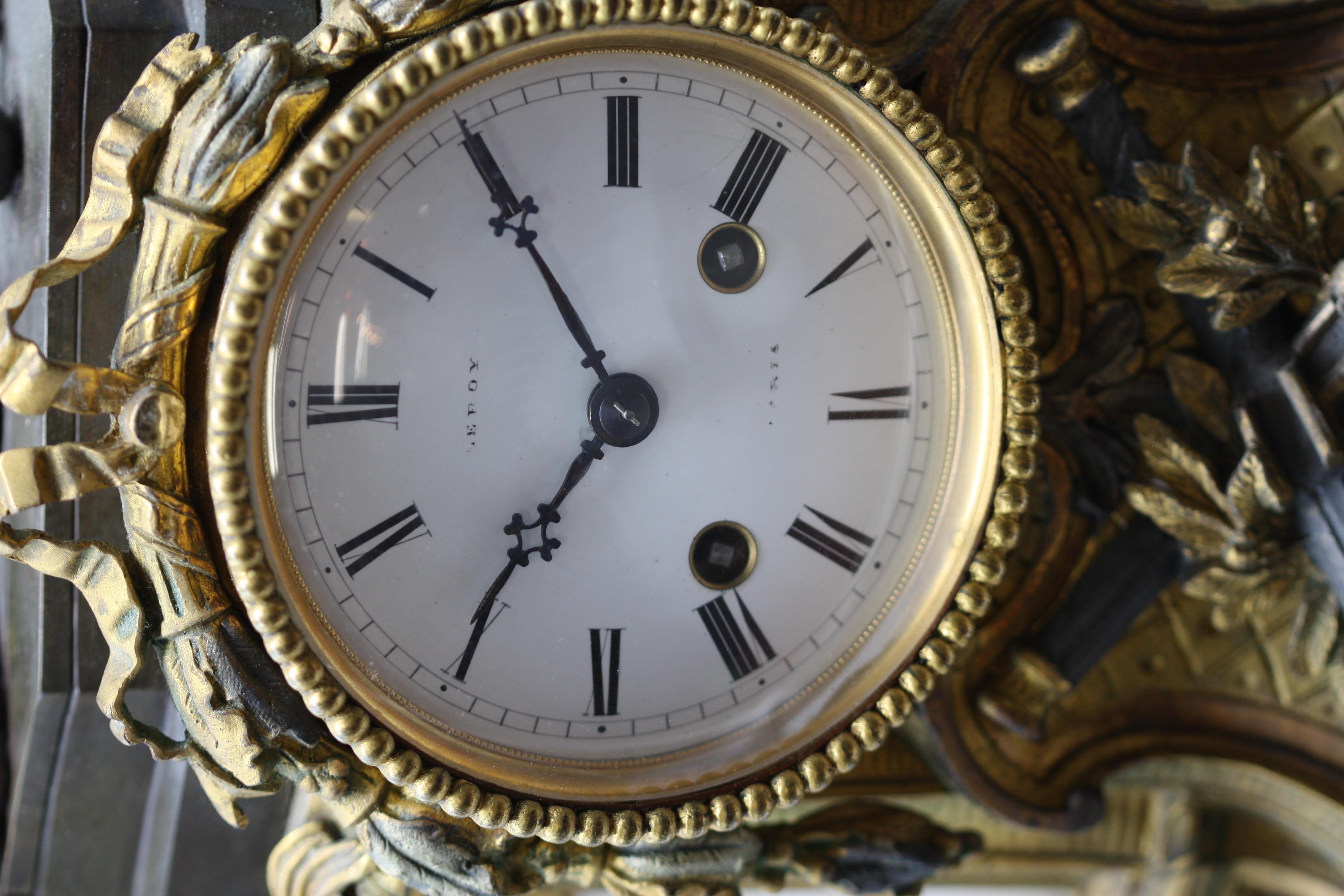 Napoleon III Gilt and Patinated Bronze Figural Mantel Clock, Late 19th Century In Good Condition In West Palm Beach, FL