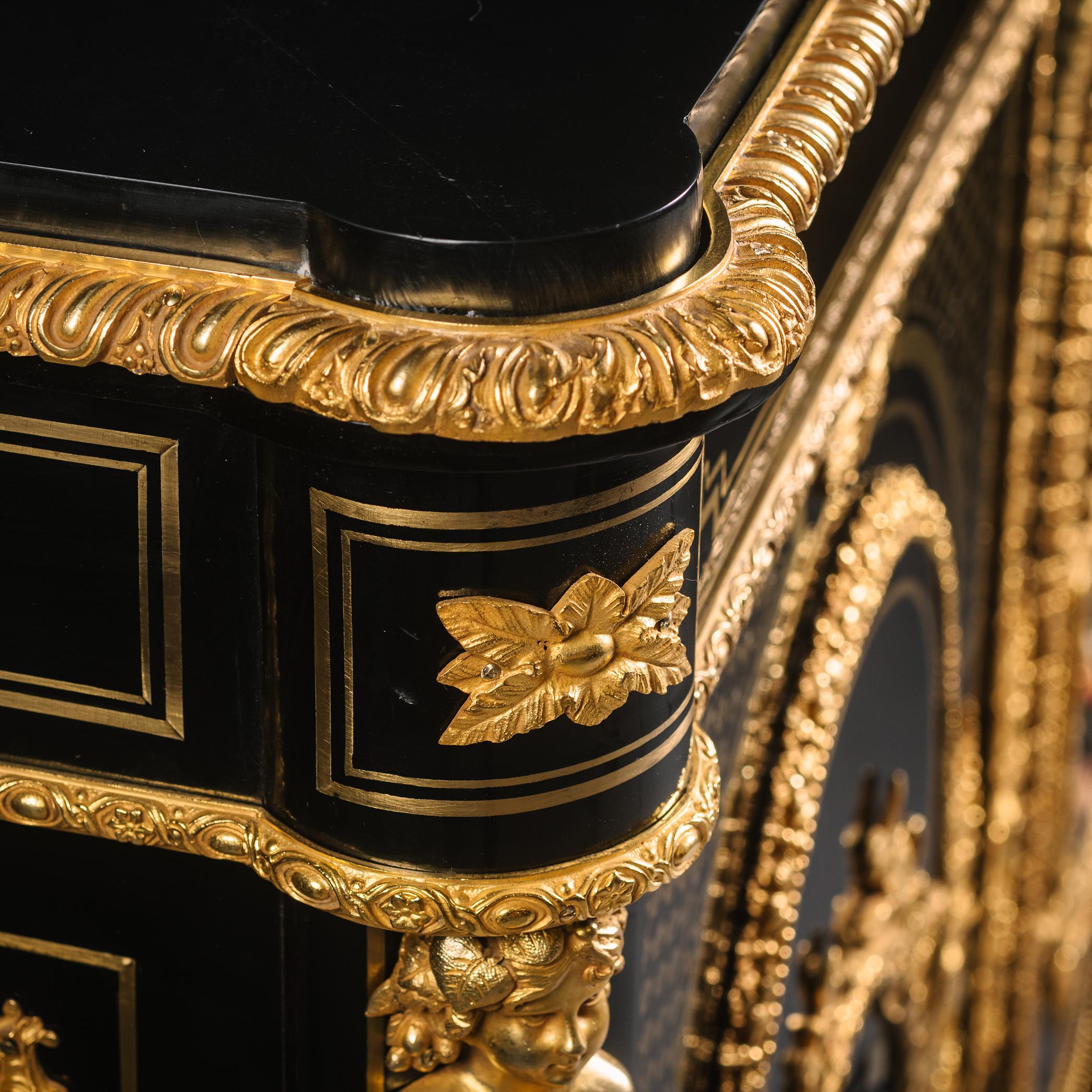French Napoleon III Gilt-Bronze and Hardstone Inset Ebonised Pier Cabinet For Sale