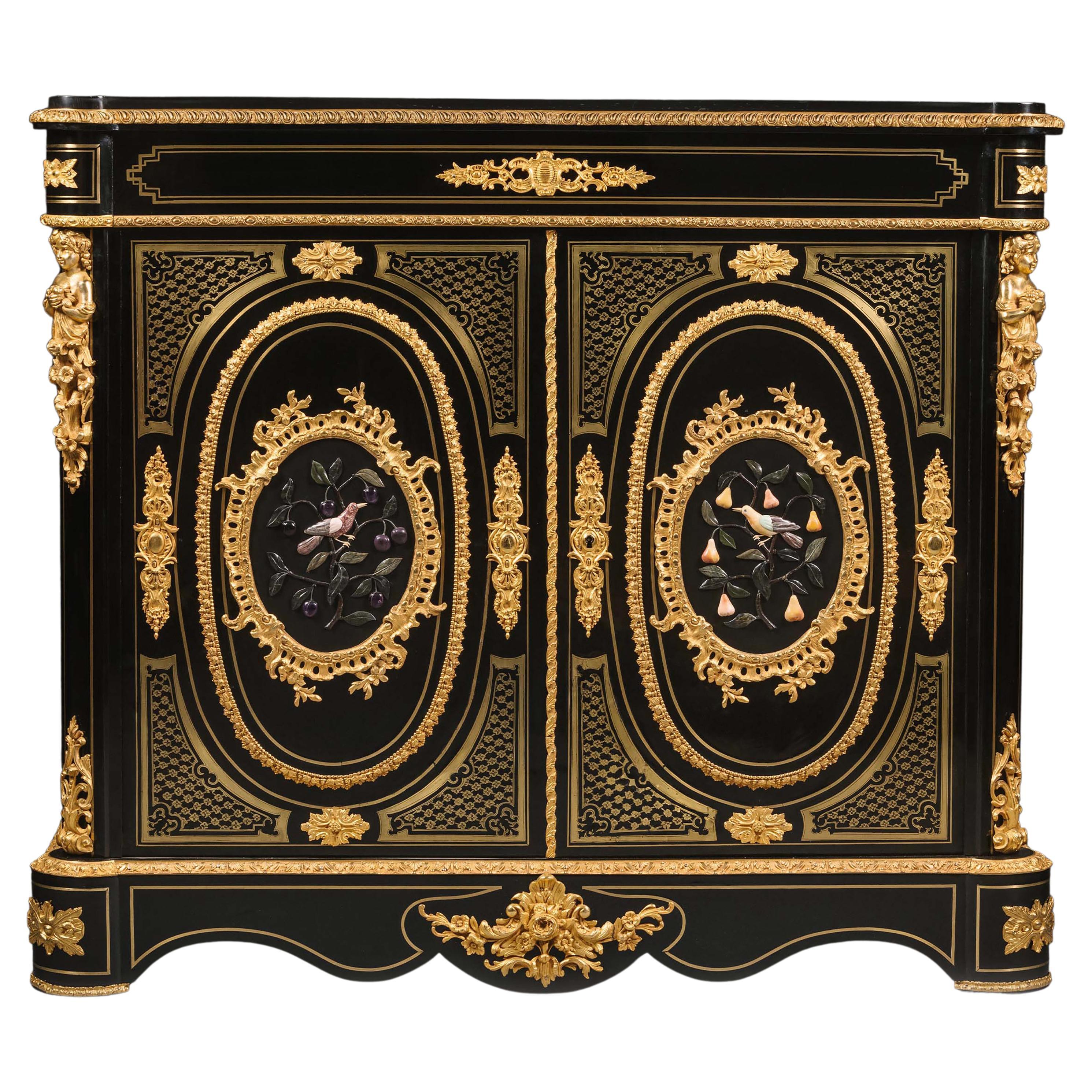Napoleon III Gilt-Bronze and Hardstone Inset Ebonised Pier Cabinet