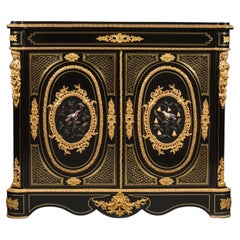 Antique Napoleon III Gilt-Bronze and Hardstone Inset Ebonised Pier Cabinet