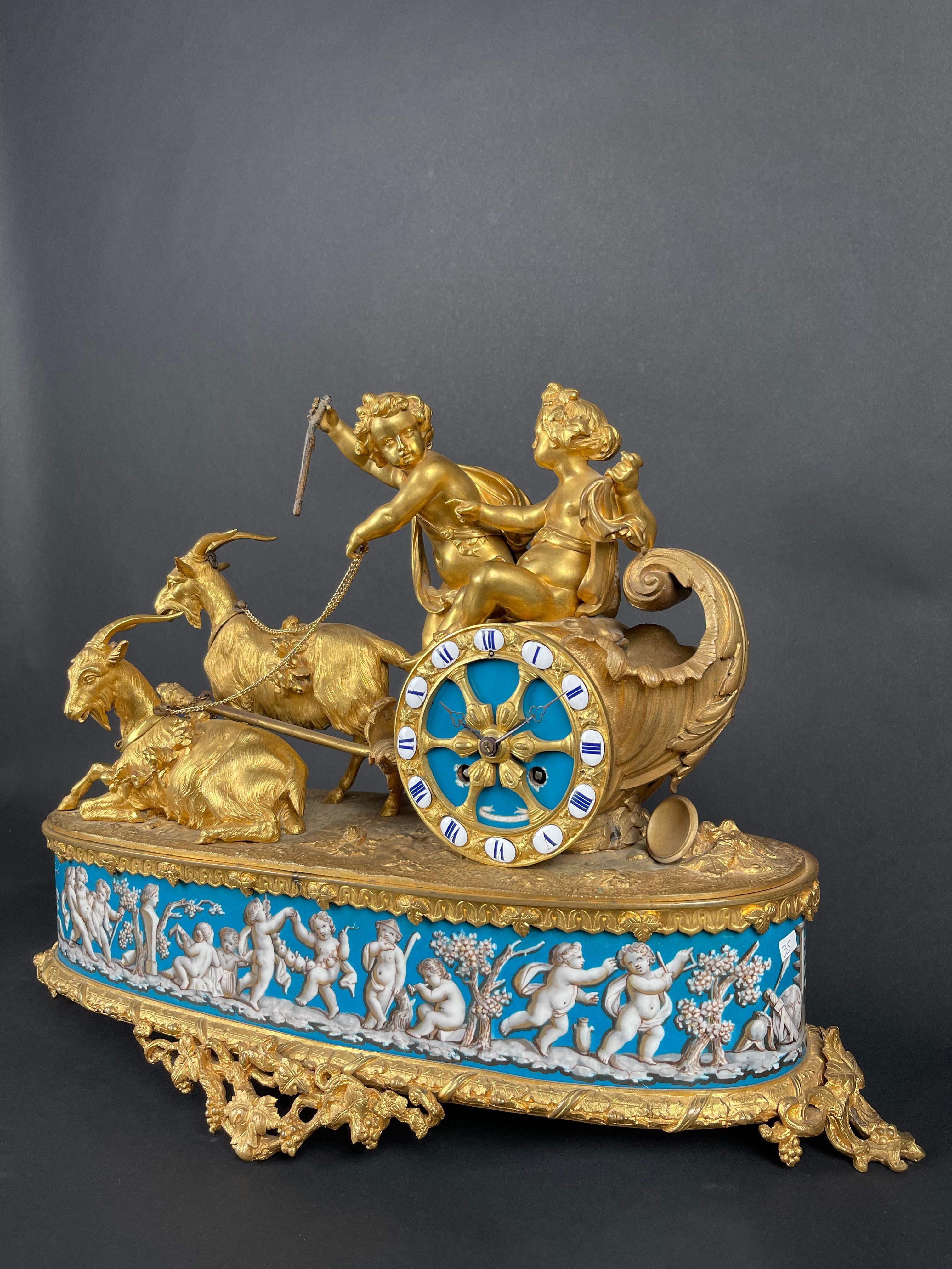 19th Century A Napoleon III gilt-bronze and porcelain clock By Levy Freres, France, 19th C. For Sale