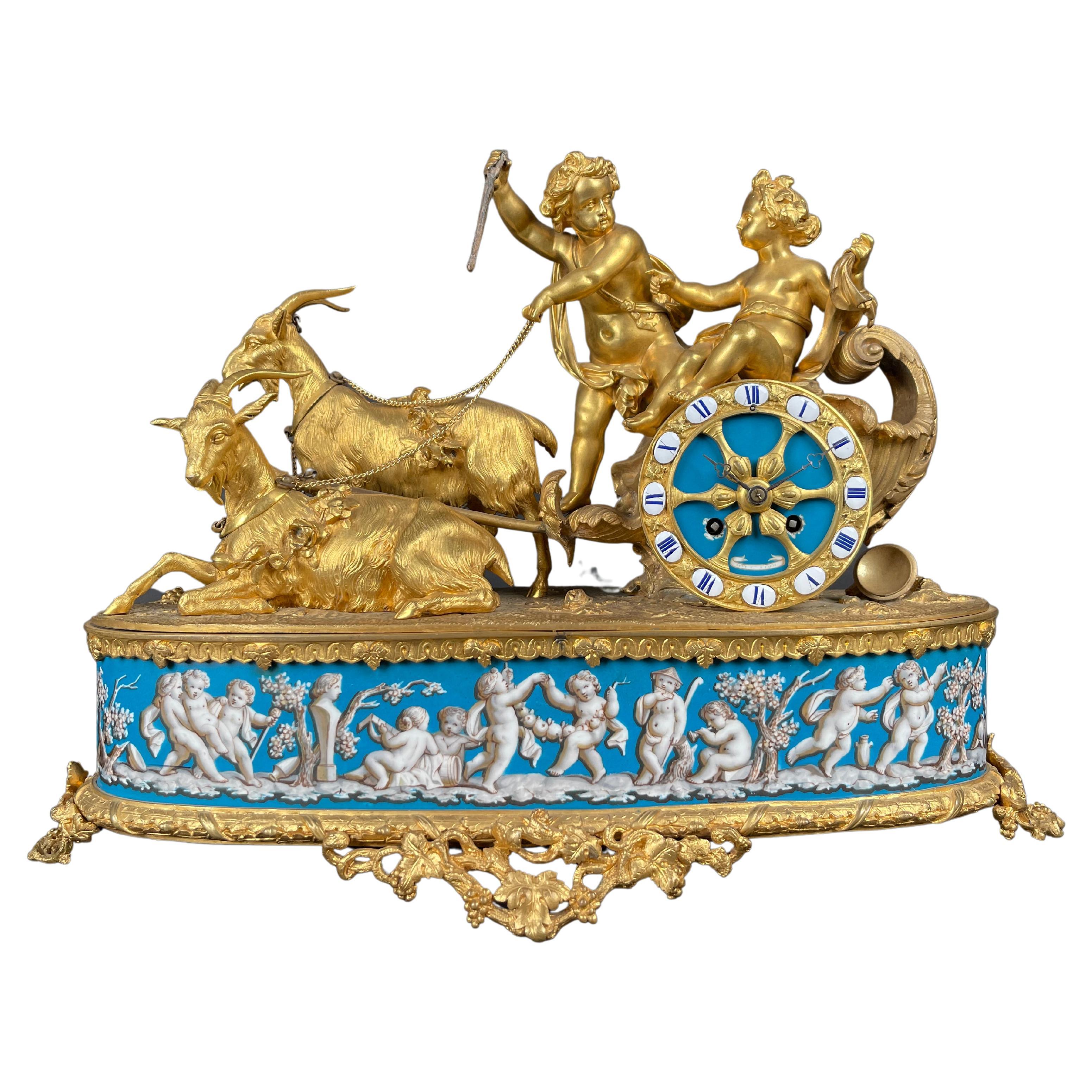 A Napoleon III gilt-bronze and porcelain clock By Levy Freres, France, 19th C. For Sale