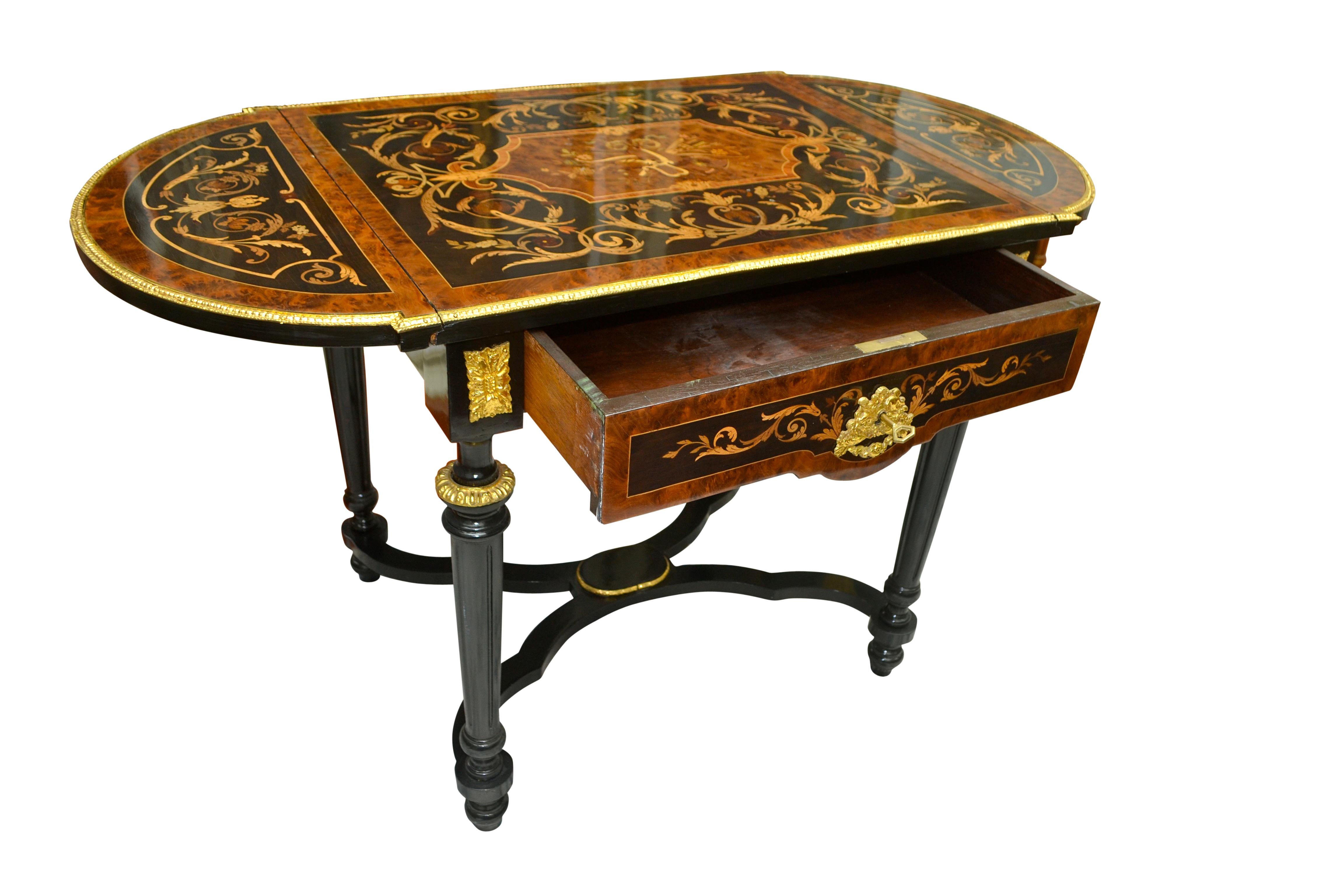 French Napoleon III Inlaid Wood and Gilt Bronze Mounted Drop-Leaf Table For Sale