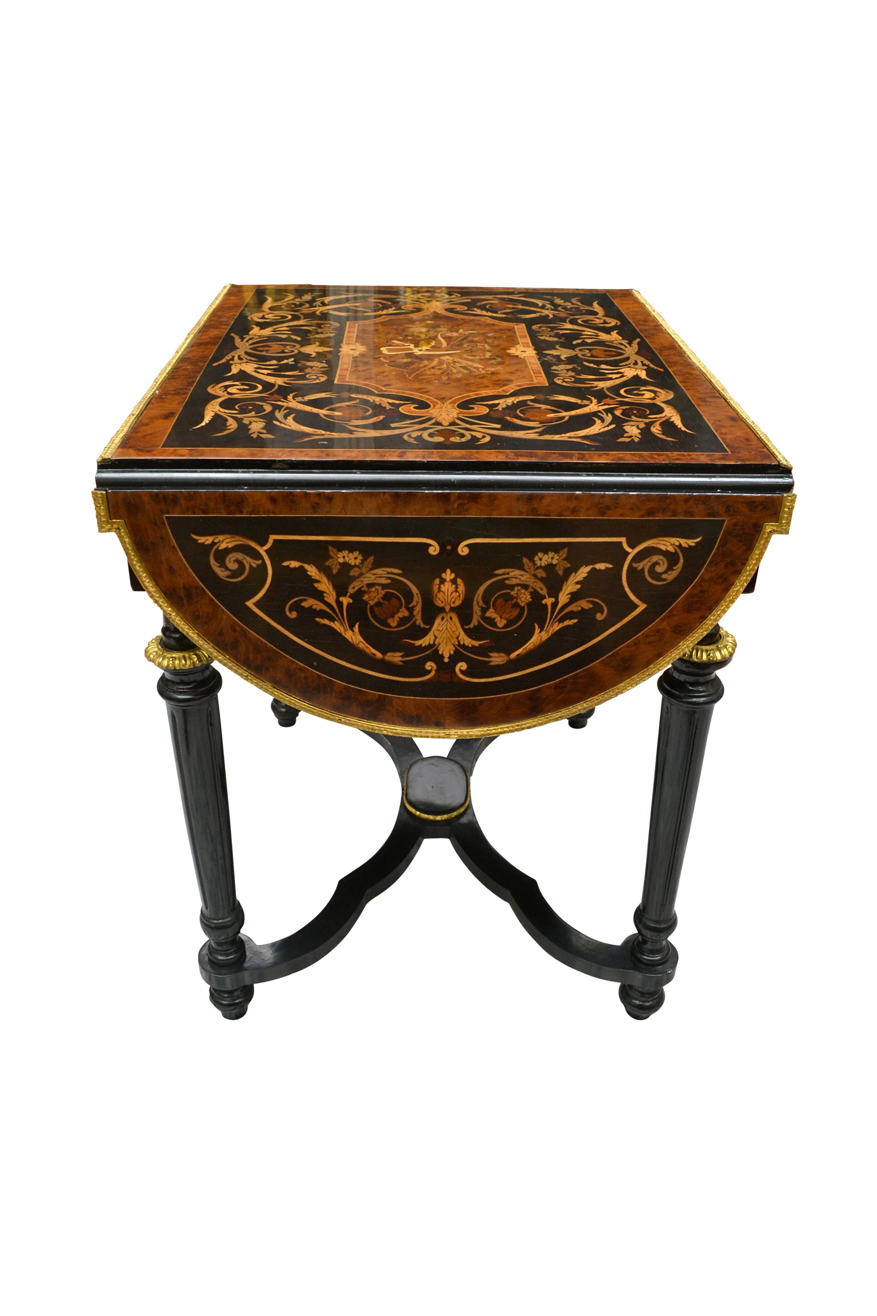 Inlay Napoleon III Inlaid Wood and Gilt Bronze Mounted Drop-Leaf Table For Sale