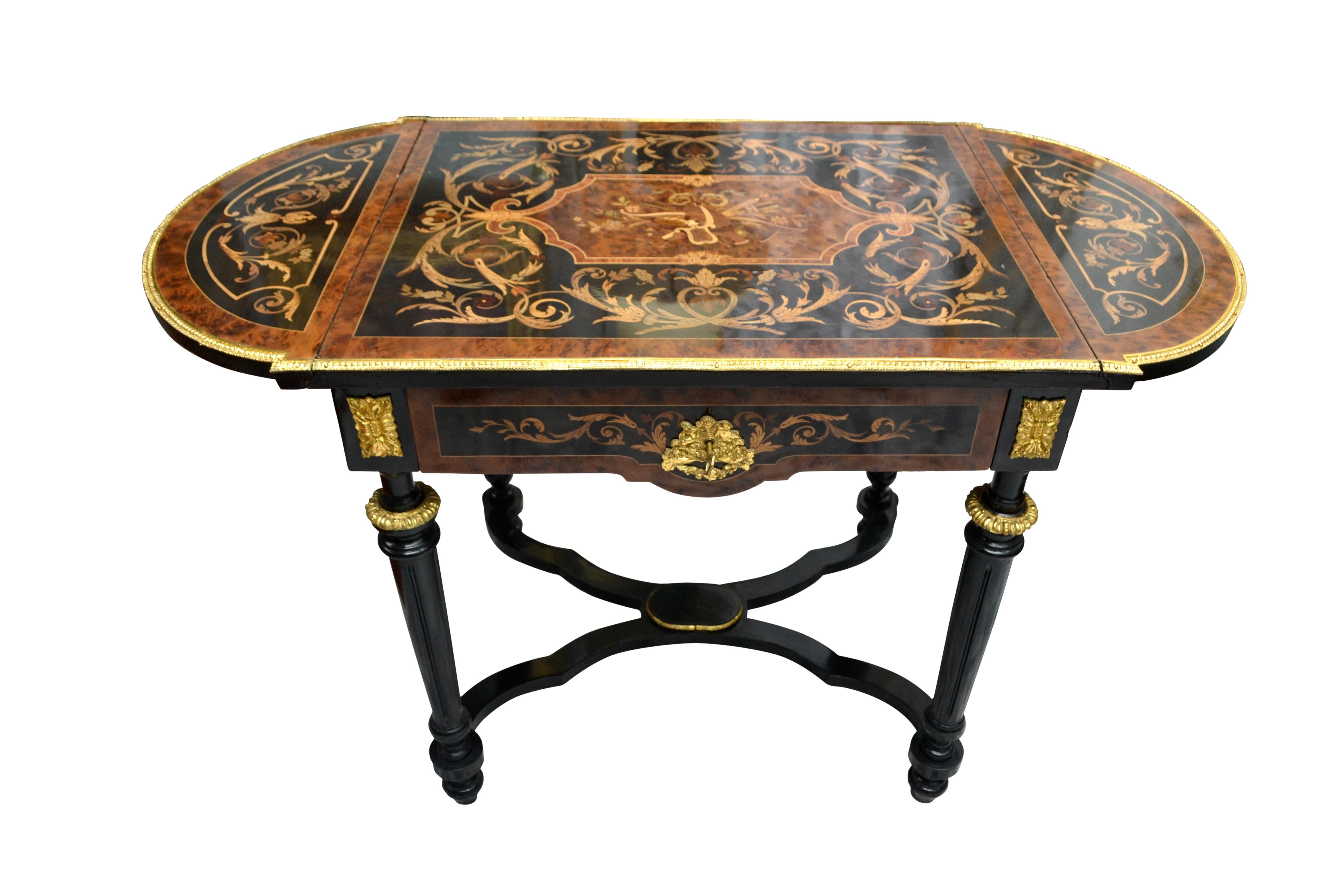 19th Century Napoleon III Inlaid Wood and Gilt Bronze Mounted Drop-Leaf Table For Sale