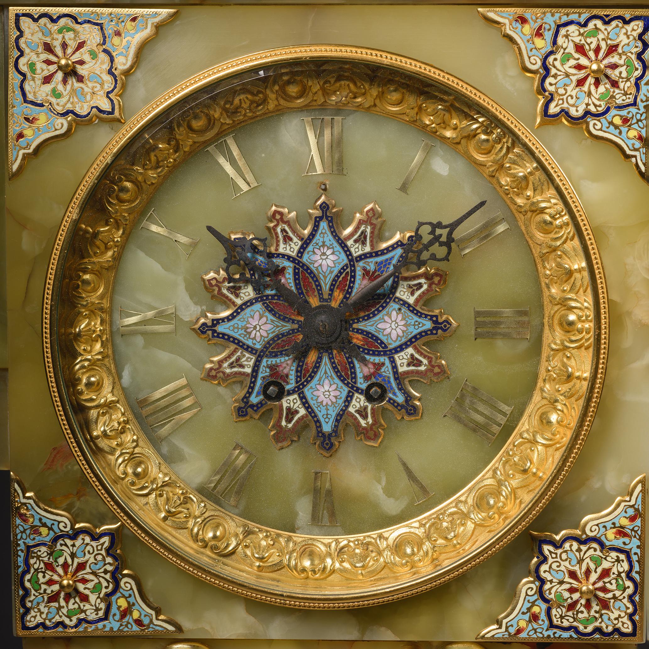 French A Napoleon III Onyx and Champlevé Enamel Pedestal Clock For Sale