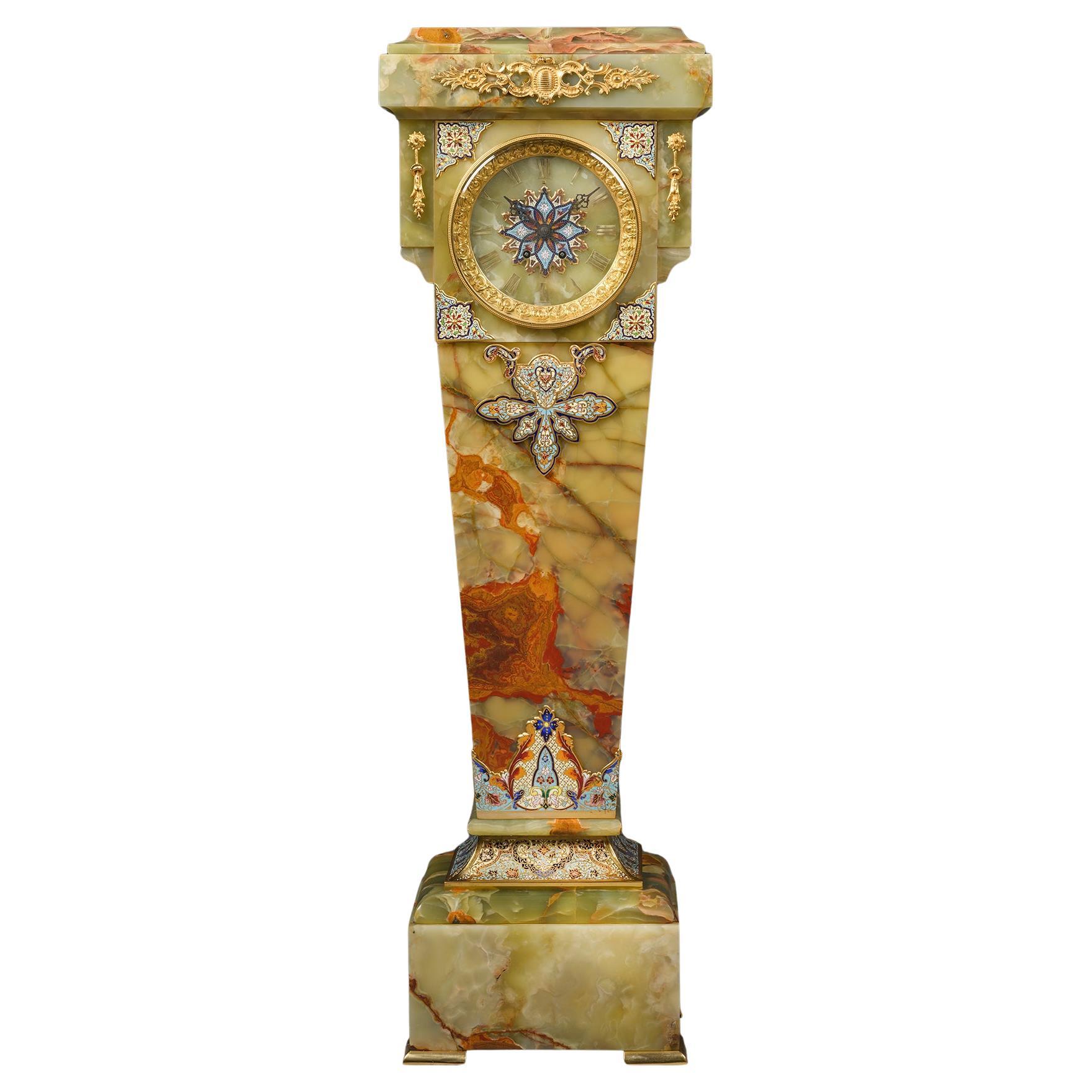 A Napoleon III Onyx and Champlevé Enamel Pedestal Clock For Sale