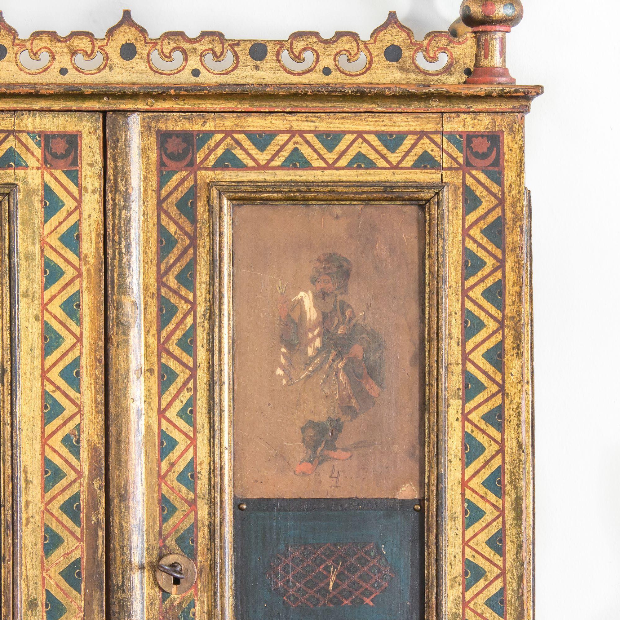 Napoleon III Orientalist Painted and Giltwood Apothecary Wall Cabinet In Good Condition For Sale In Babworth, Retford
