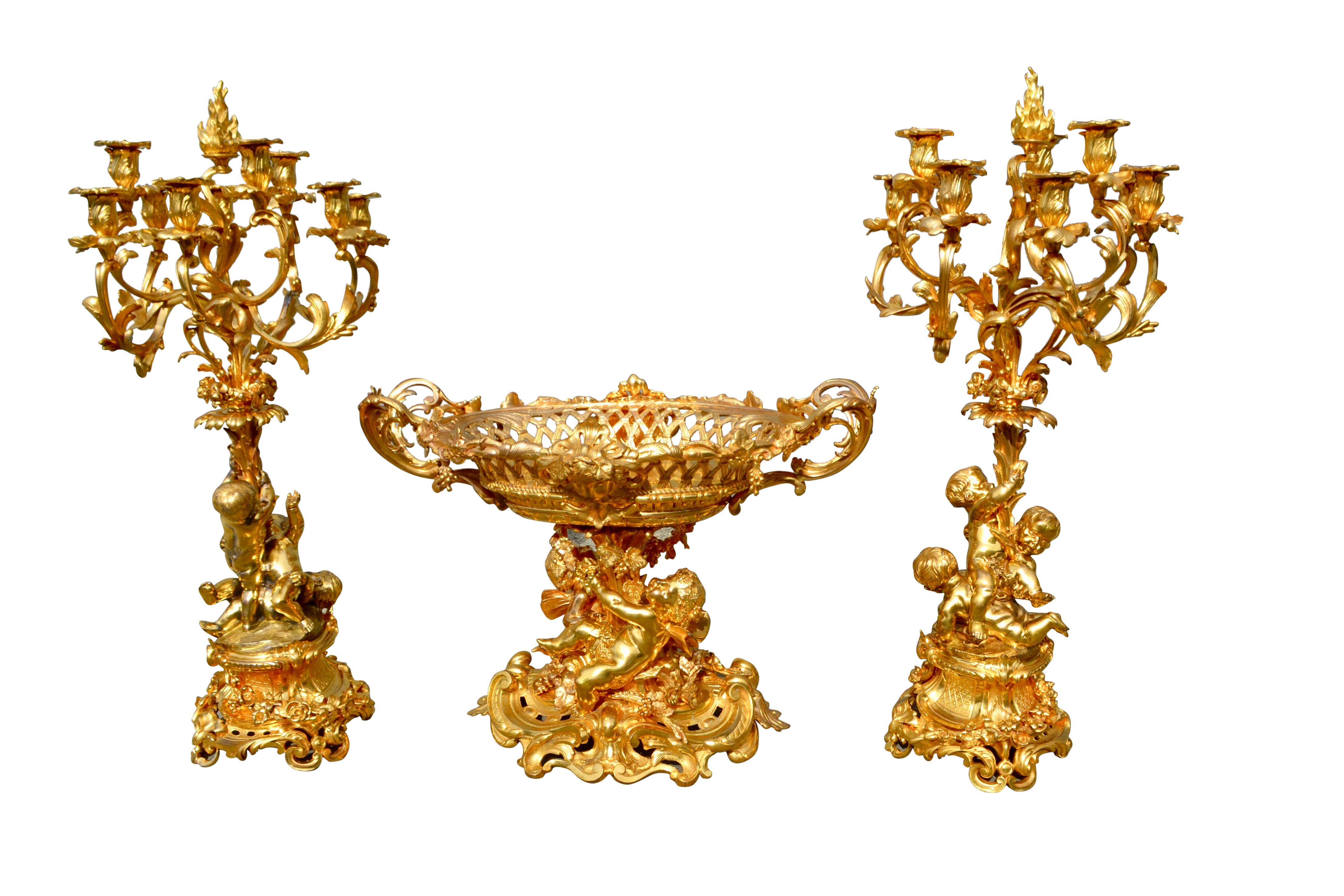 French Napoleon III Period Gild Bronze Table Centre and Matching Candelabra