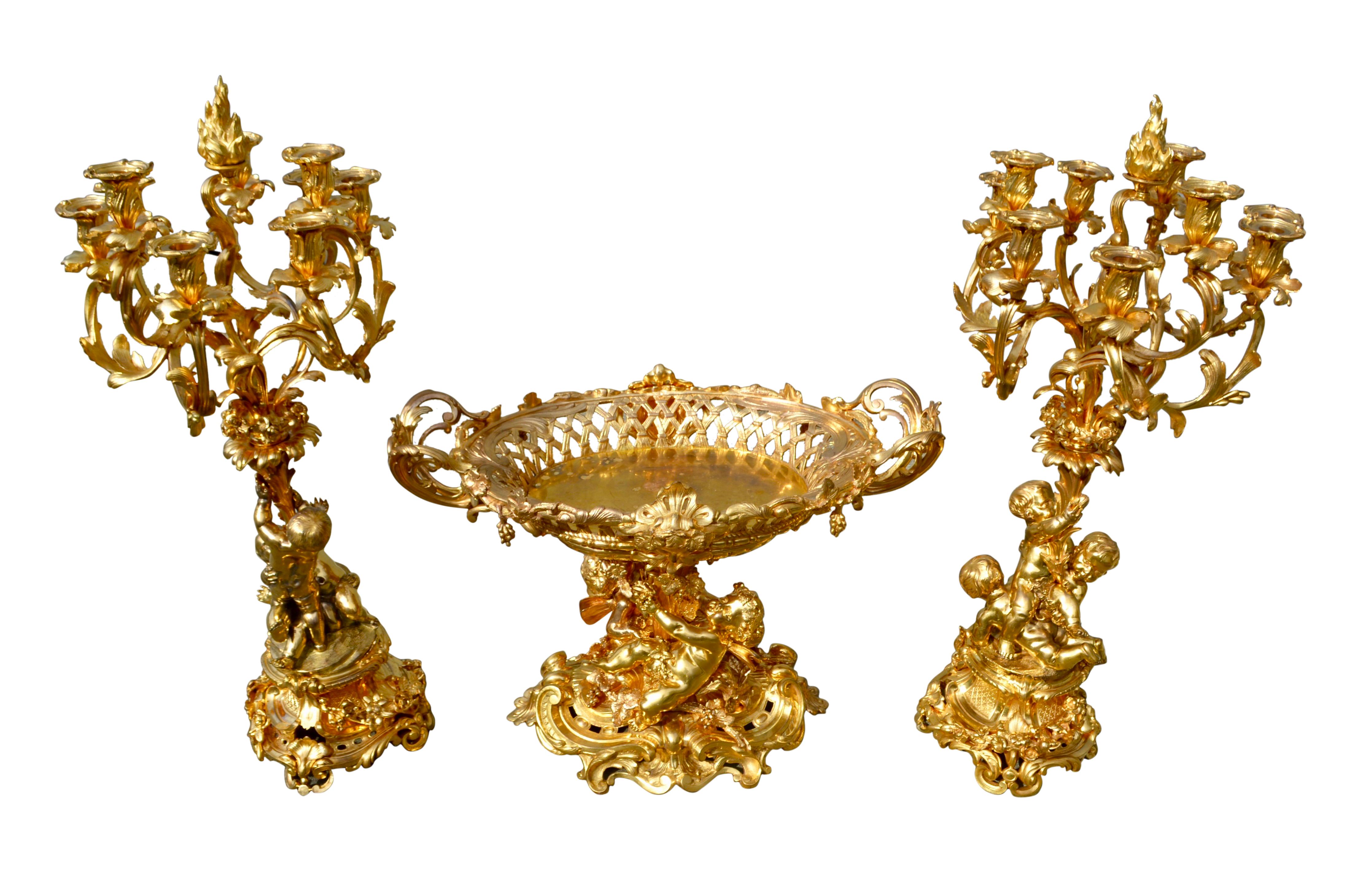 Gilt Napoleon III Period Gild Bronze Table Centre and Matching Candelabra