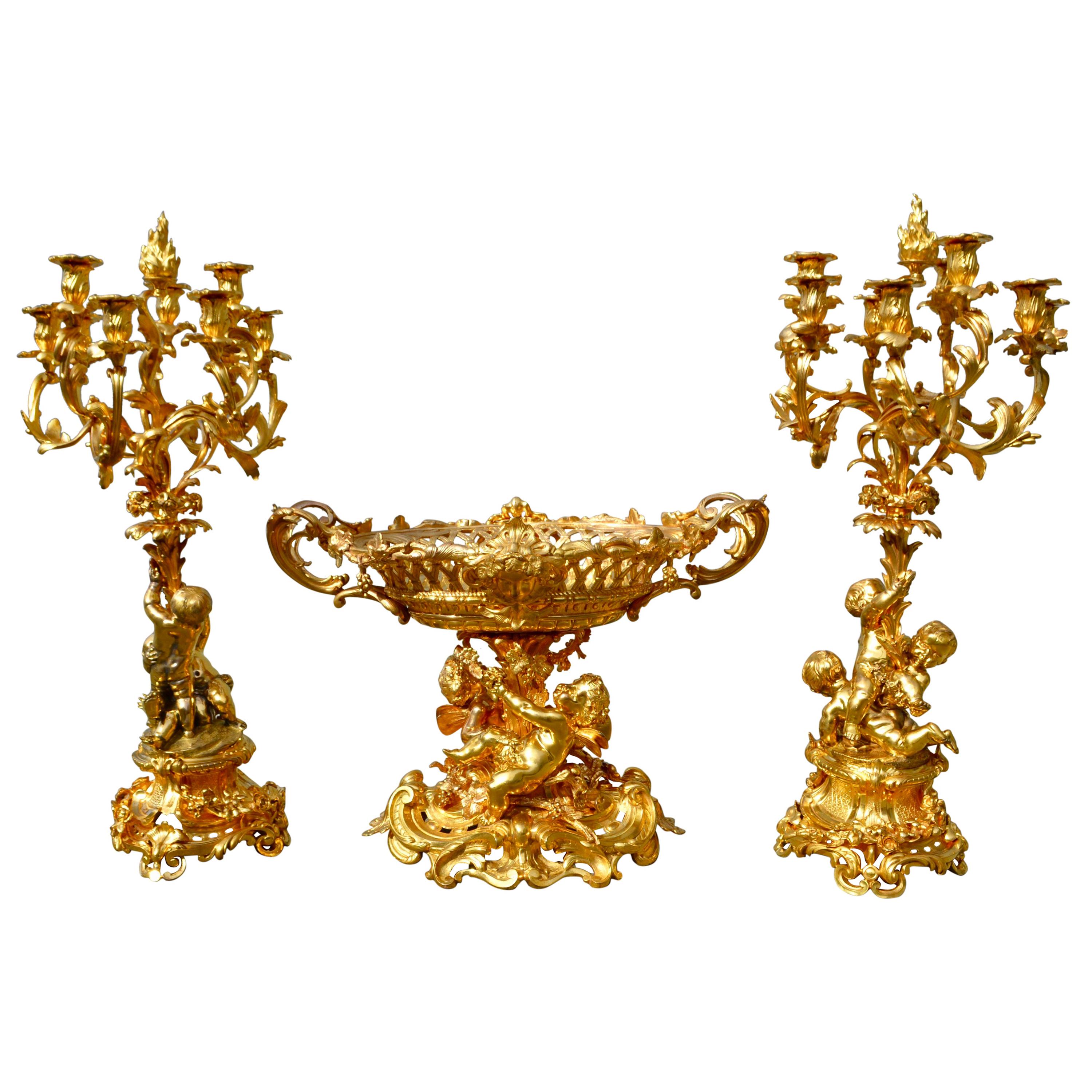 Napoleon III Period Gild Bronze Table Centre and Matching Candelabra