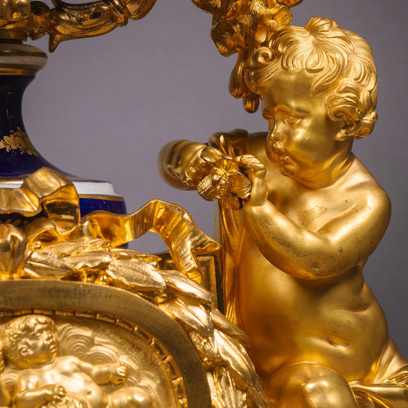 A Napoleon III Period Sèvres Style Porcelain Three-Piece Clock Garniture For Sale 5