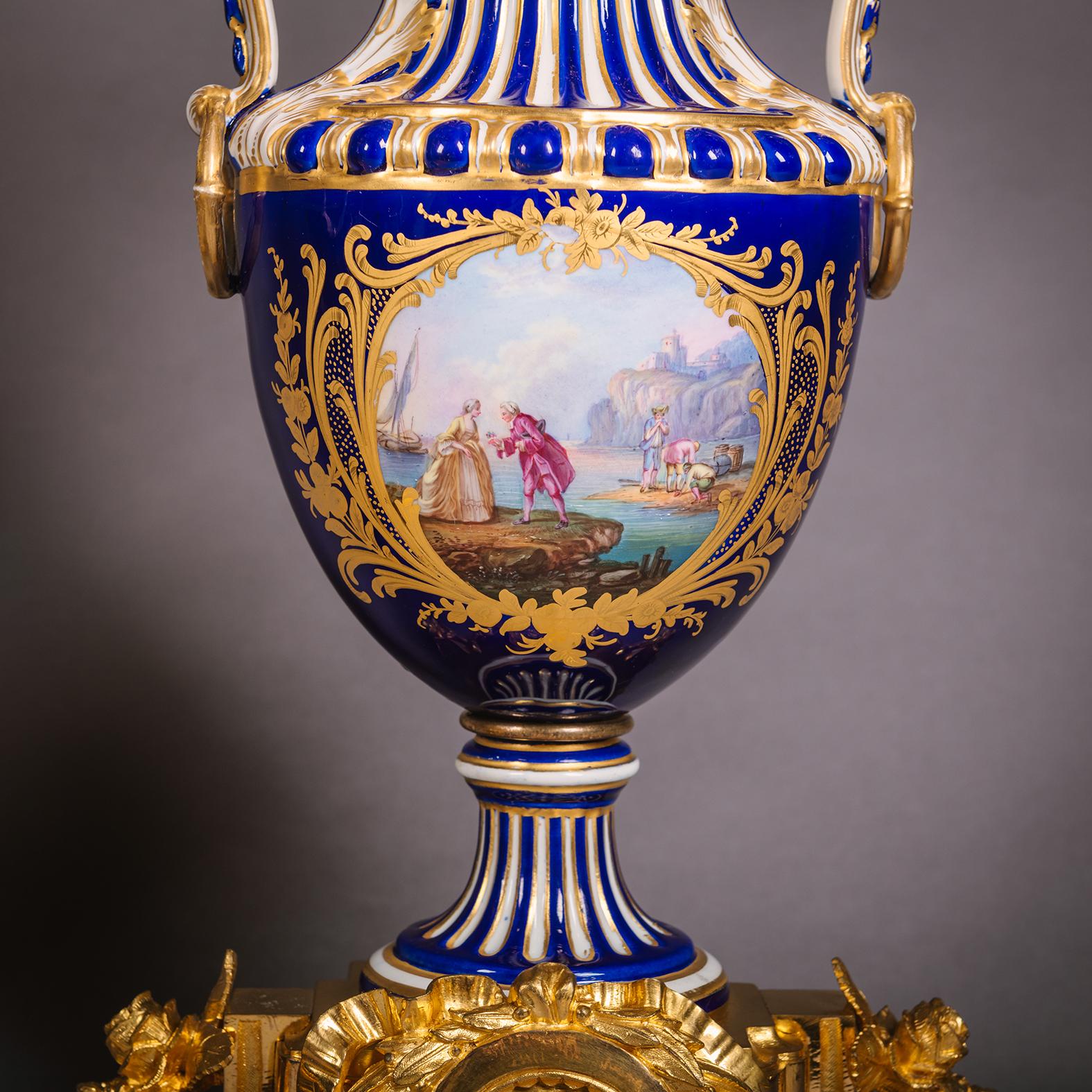 A Napoleon III Period Sèvres Style Porcelain Three-Piece Clock Garniture For Sale 9