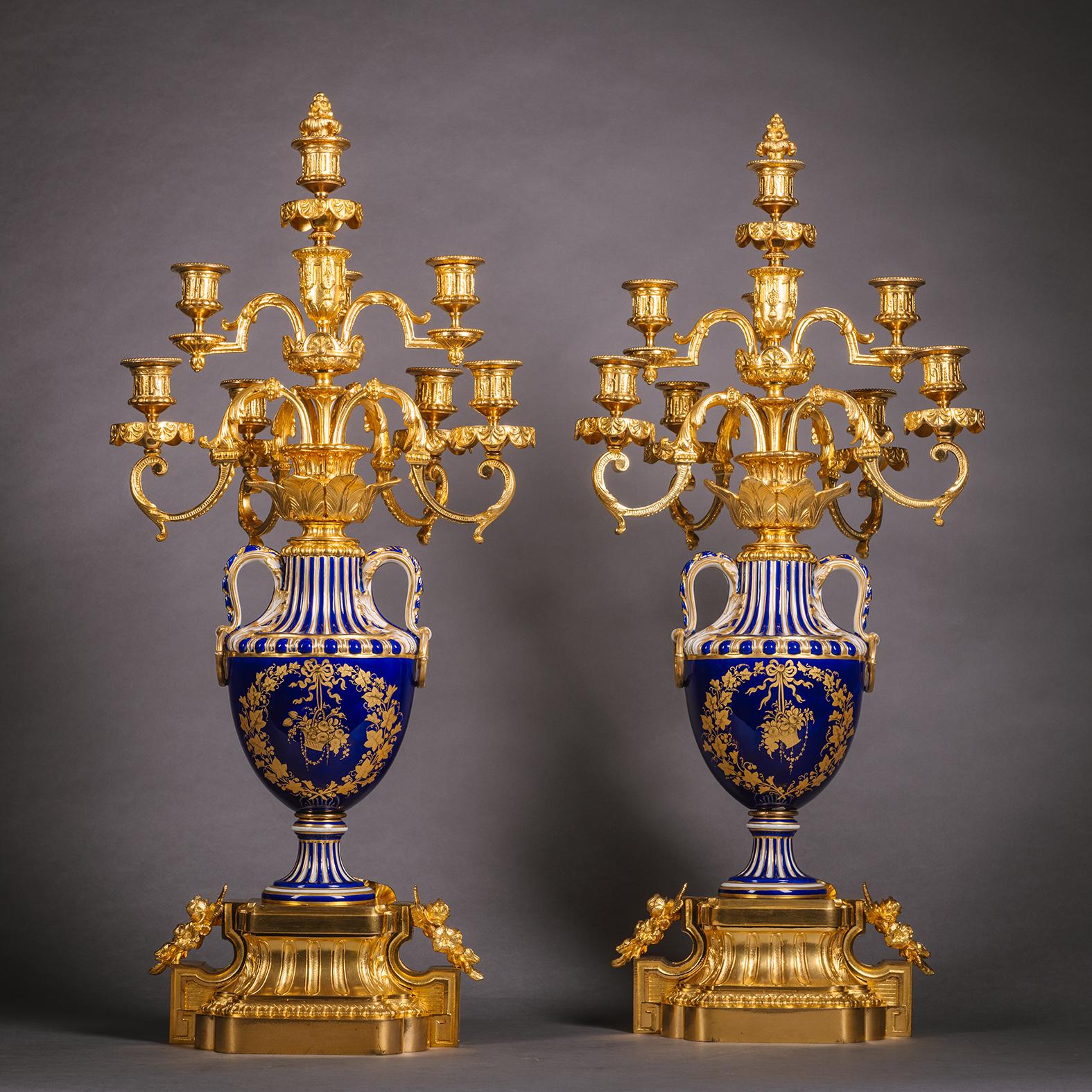 A Napoleon III Period Sèvres Style Porcelain Three-Piece Clock Garniture For Sale 10