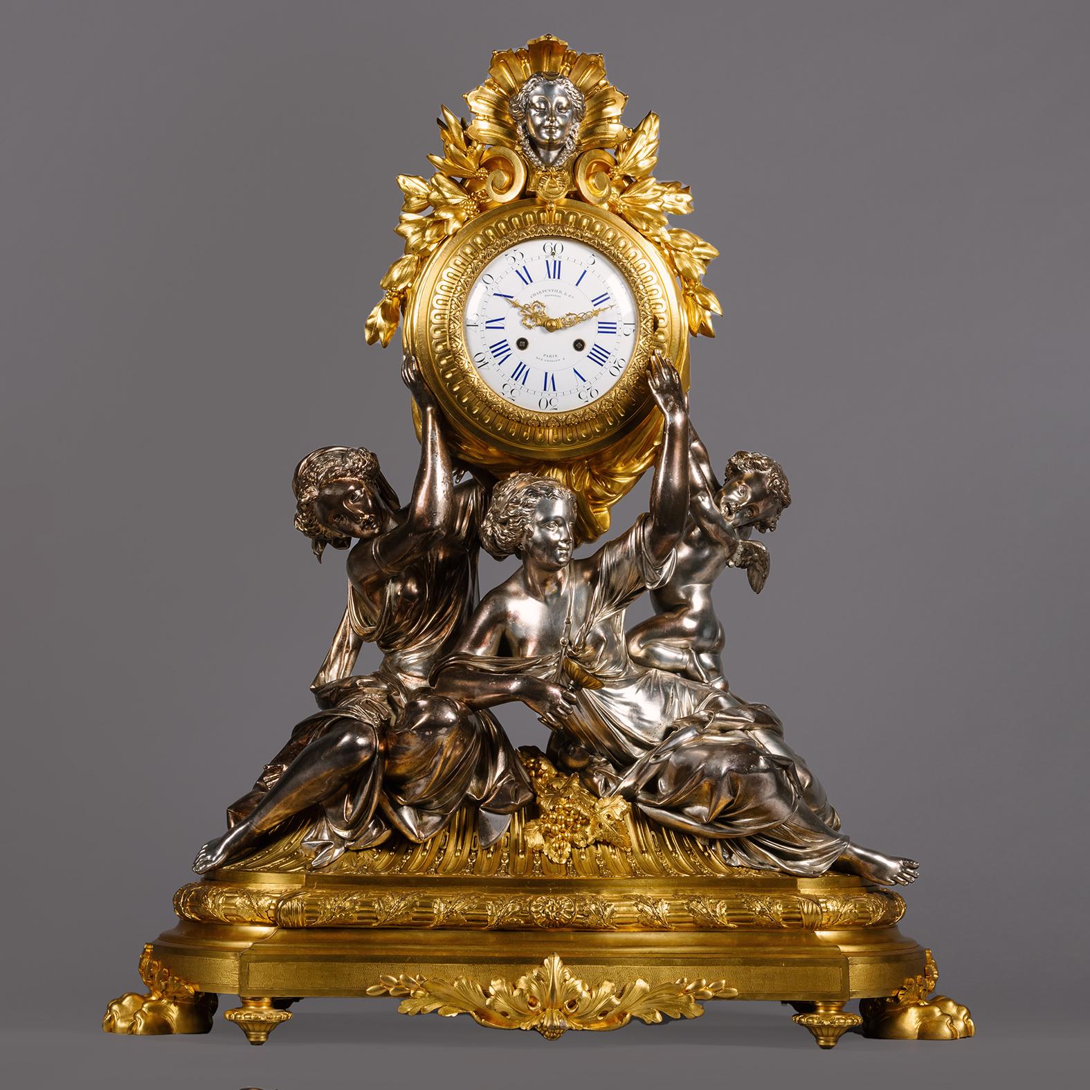 Napoleon III A Napoléon III Silvered-Bronze Clock Garniture by Charpentier, Paris For Sale