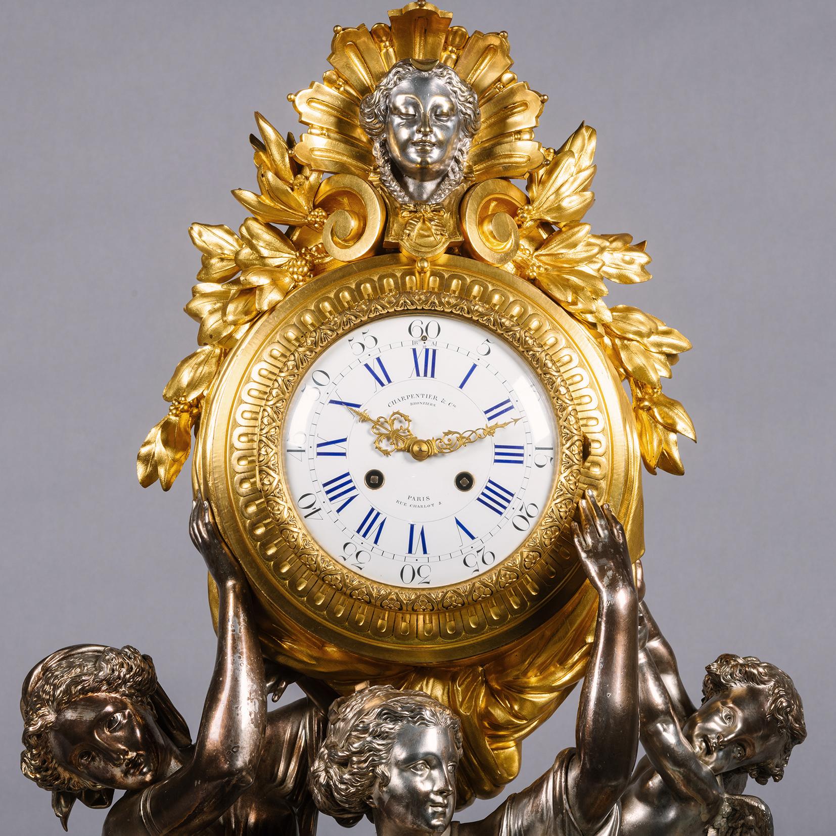 Gilt A Napoléon III Silvered-Bronze Clock Garniture by Charpentier, Paris For Sale