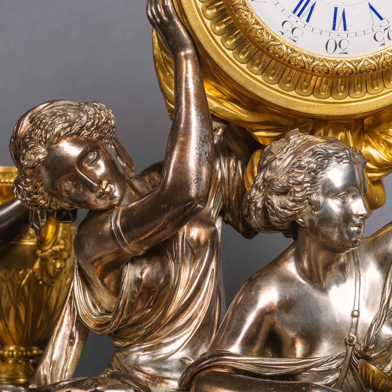 A Napoléon III Silvered-Bronze Clock Garniture by Charpentier, Paris In Good Condition For Sale In Brighton, West Sussex