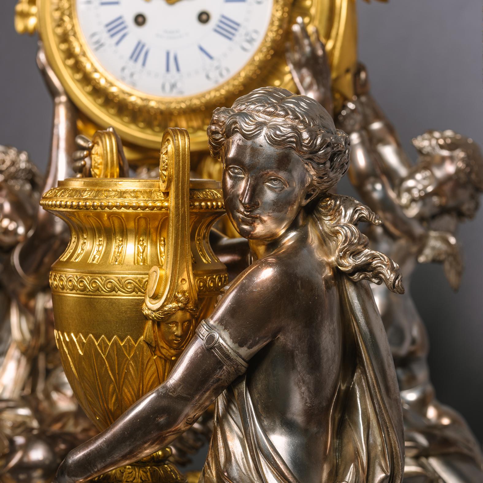 19th Century A Napoléon III Silvered-Bronze Clock Garniture by Charpentier, Paris For Sale