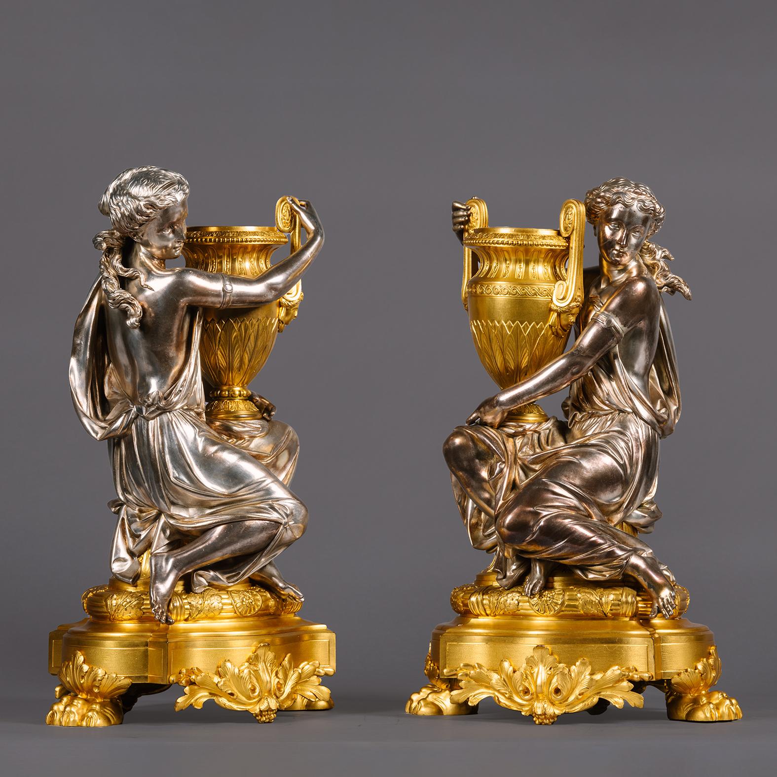 A Napoléon III Silvered-Bronze Clock Garniture by Charpentier, Paris For Sale 2