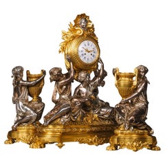Antique A Napoléon III Silvered-Bronze Clock Garniture by Charpentier, Paris