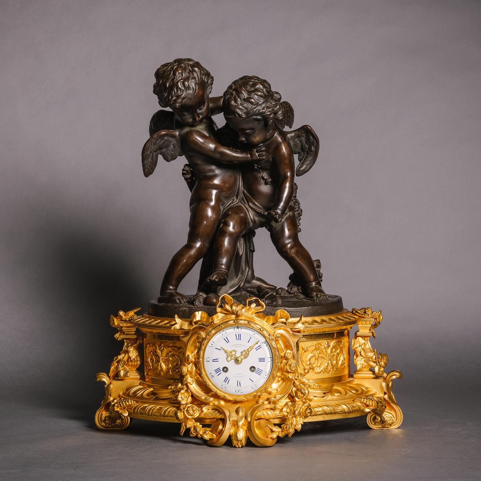 French A Napoleon III Three Piece Figural Clock Garniture For Sale