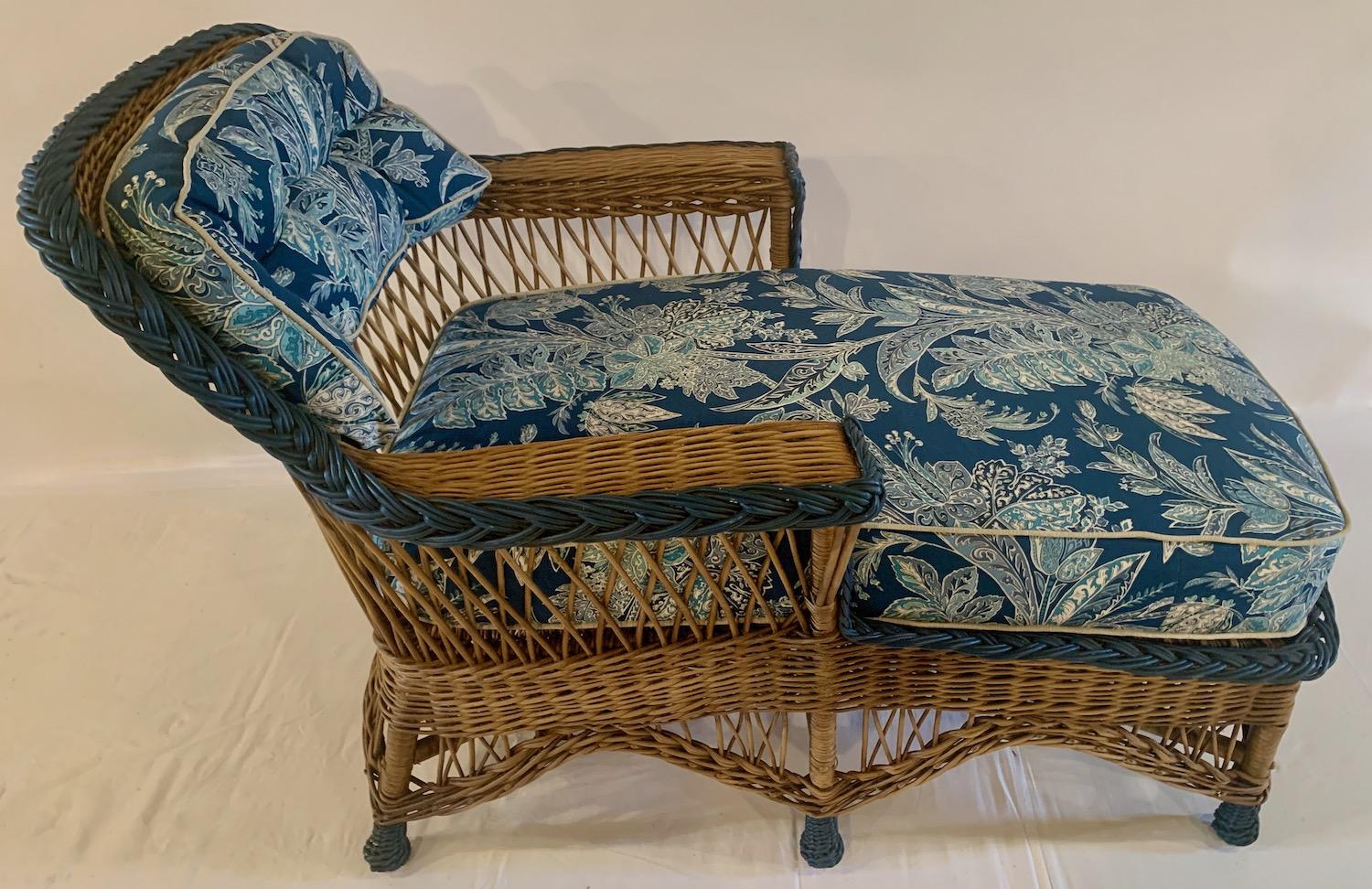 Painted A Wicker Bar Harbor Style Chaise Lounge, Natural Finish with Navy Blue Trim For Sale