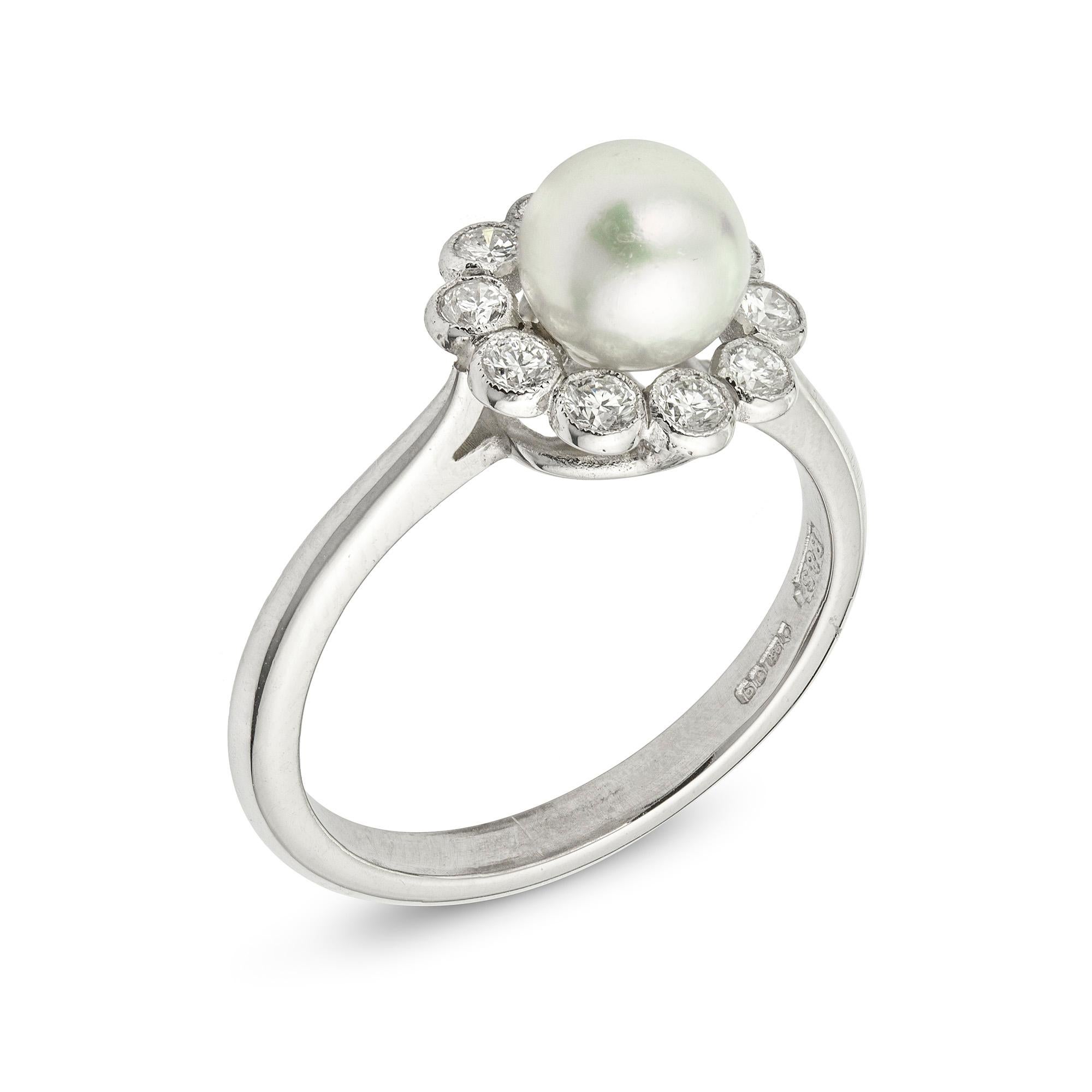 A natural pearl and diamond cluster ring, the centre set with a natural pearl surrounded by a cluster of round brilliant-cut diamonds, estimated total diamond weight 0.4cts, all millegrain set in platinum, bearing the Bentley and Skinner sponsor