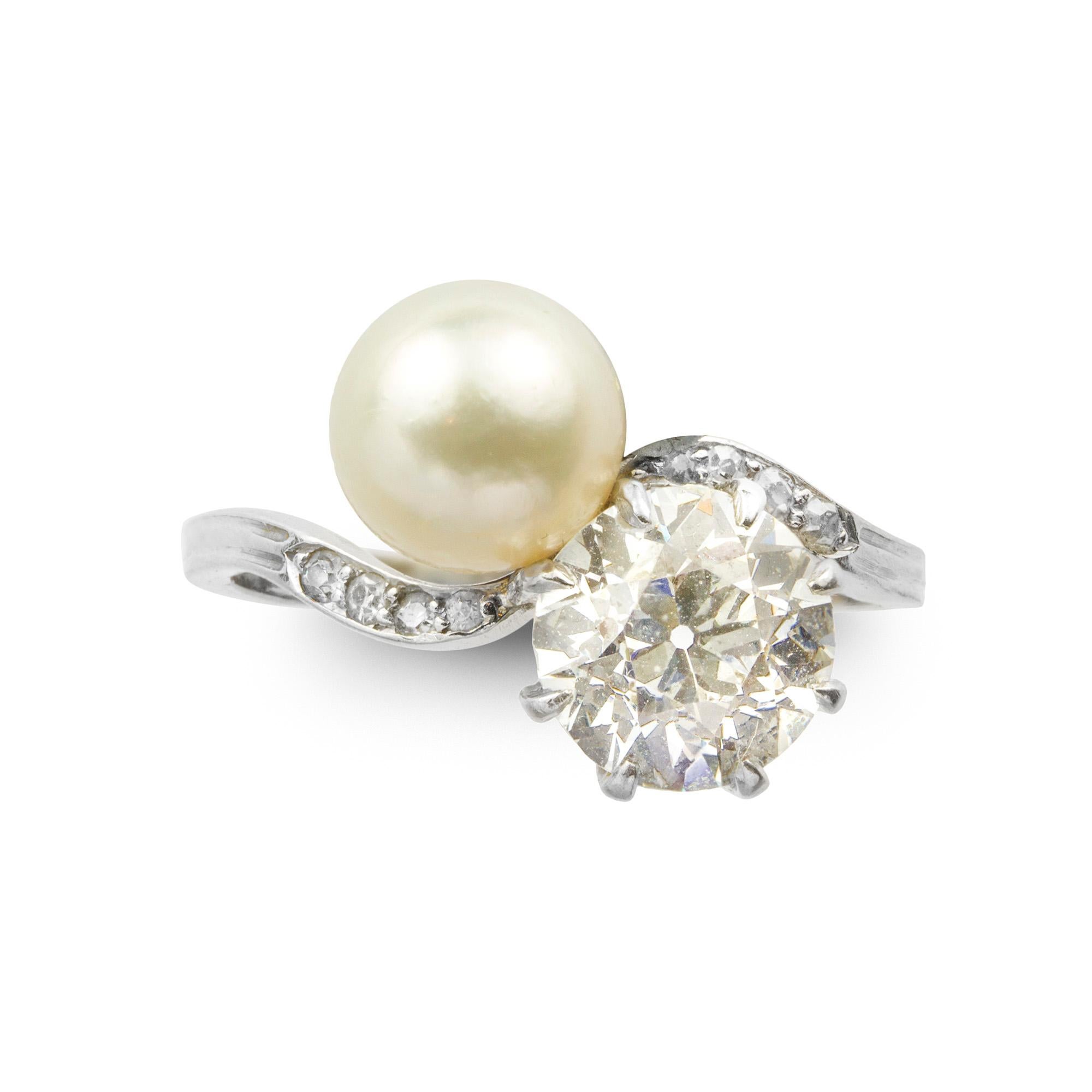 Round Cut Natural Pearl and Diamond Ring